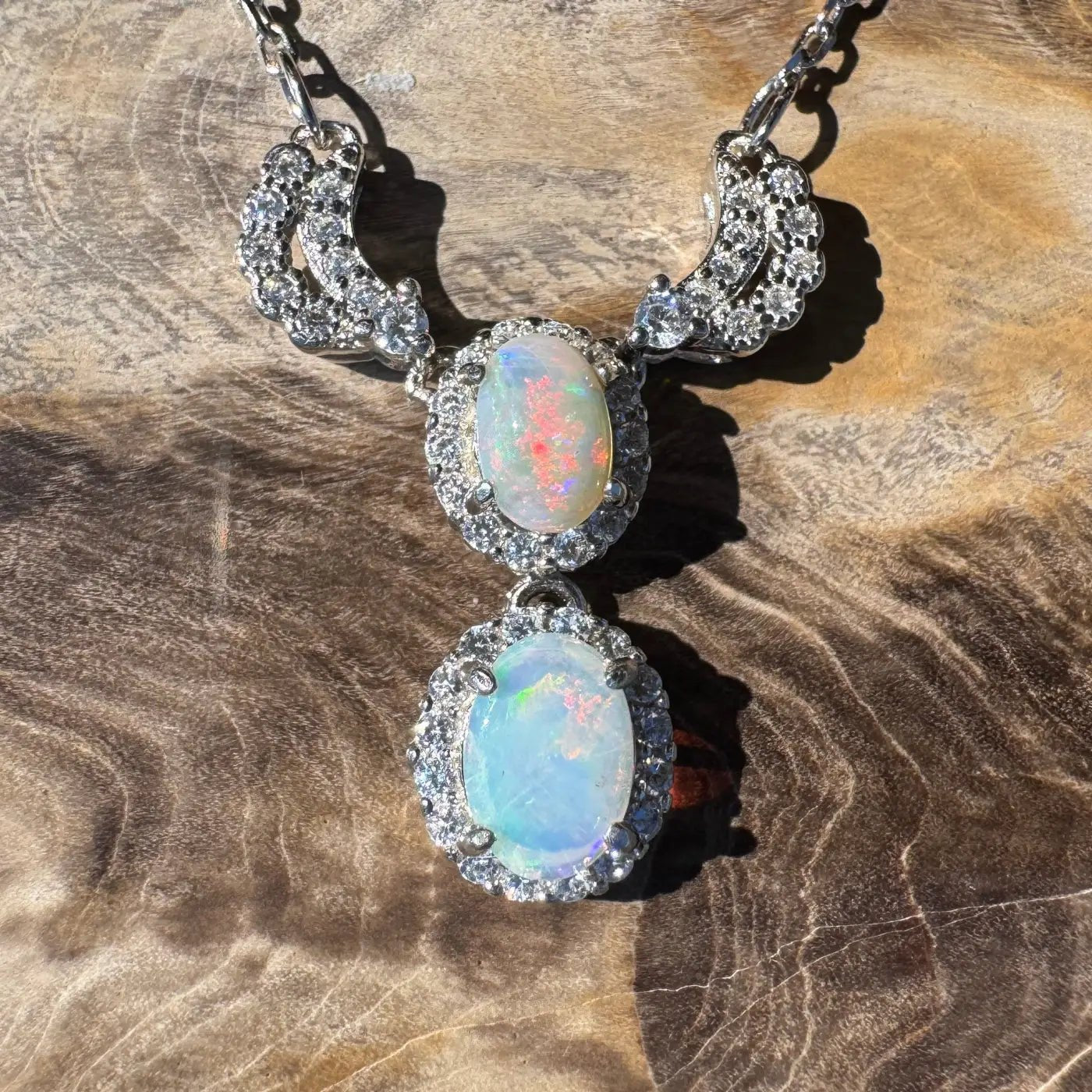 ‘Red Centre Radiance' ~ Handcrafted 0.9ct Solid Coober Pedy Opal and Cubic Zirconia 925 Sterling Silver Necklace