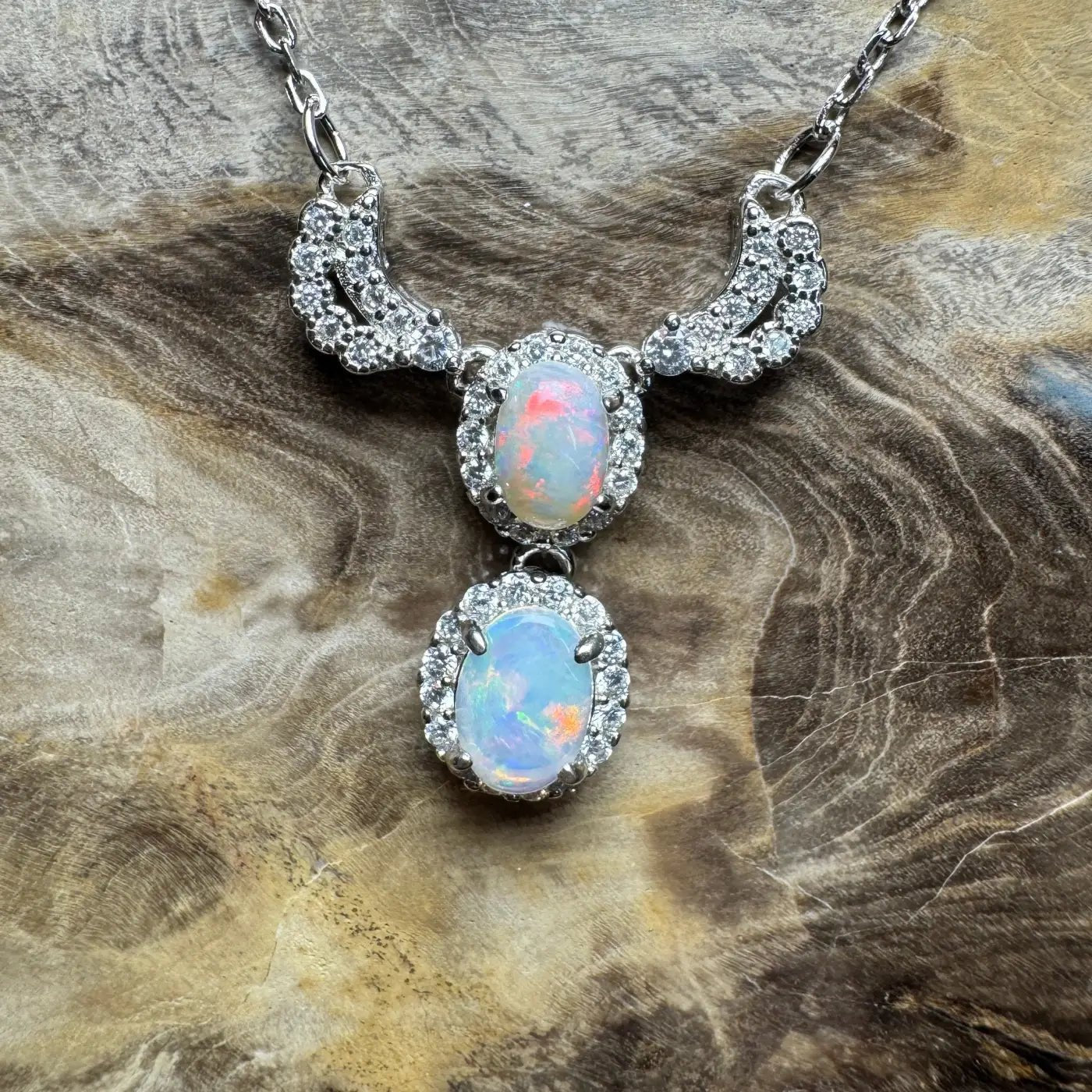‘Red Centre Radiance' ~ Handcrafted 0.9ct Solid Coober Pedy Opal and Cubic Zirconia 925 Sterling Silver Necklace