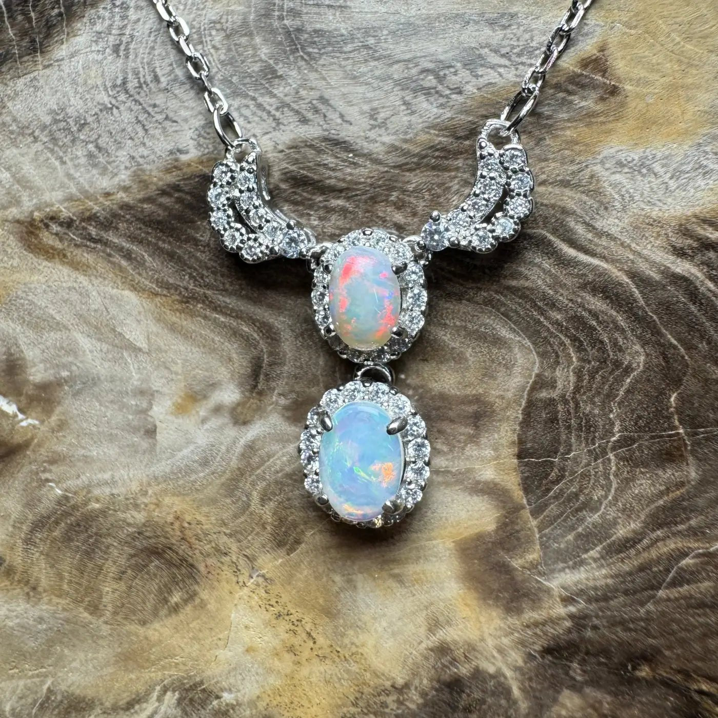 ‘Red Centre Radiance' ~ Handcrafted 0.9ct Solid Coober Pedy Opal and Cubic Zirconia 925 Sterling Silver Necklace