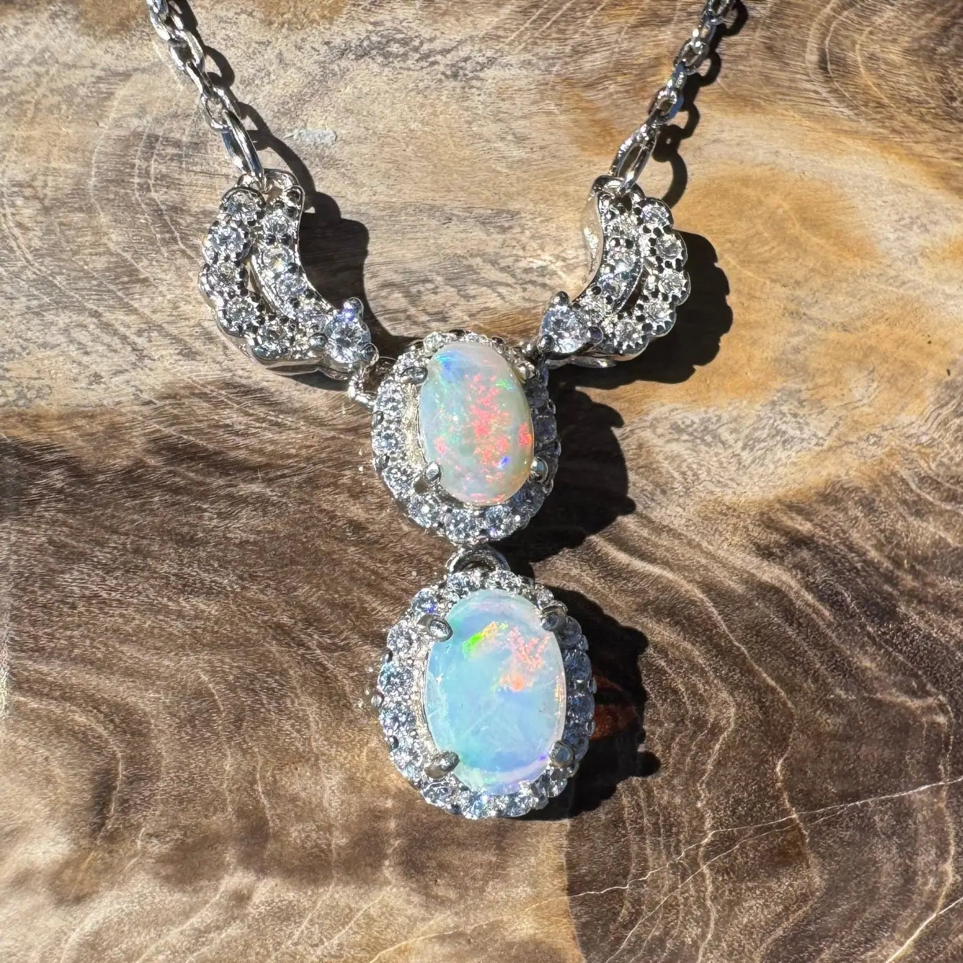 ‘Red Centre Radiance' ~ Handcrafted 0.9ct Solid Coober Pedy Opal and Cubic Zirconia 925 Sterling Silver Necklace