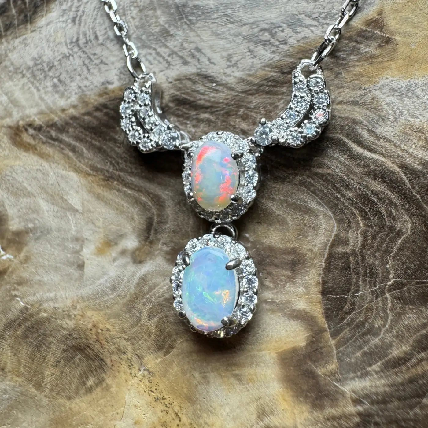 ‘Red Centre Radiance' ~ Handcrafted 0.9ct Solid Coober Pedy Opal and Cubic Zirconia 925 Sterling Silver Necklace