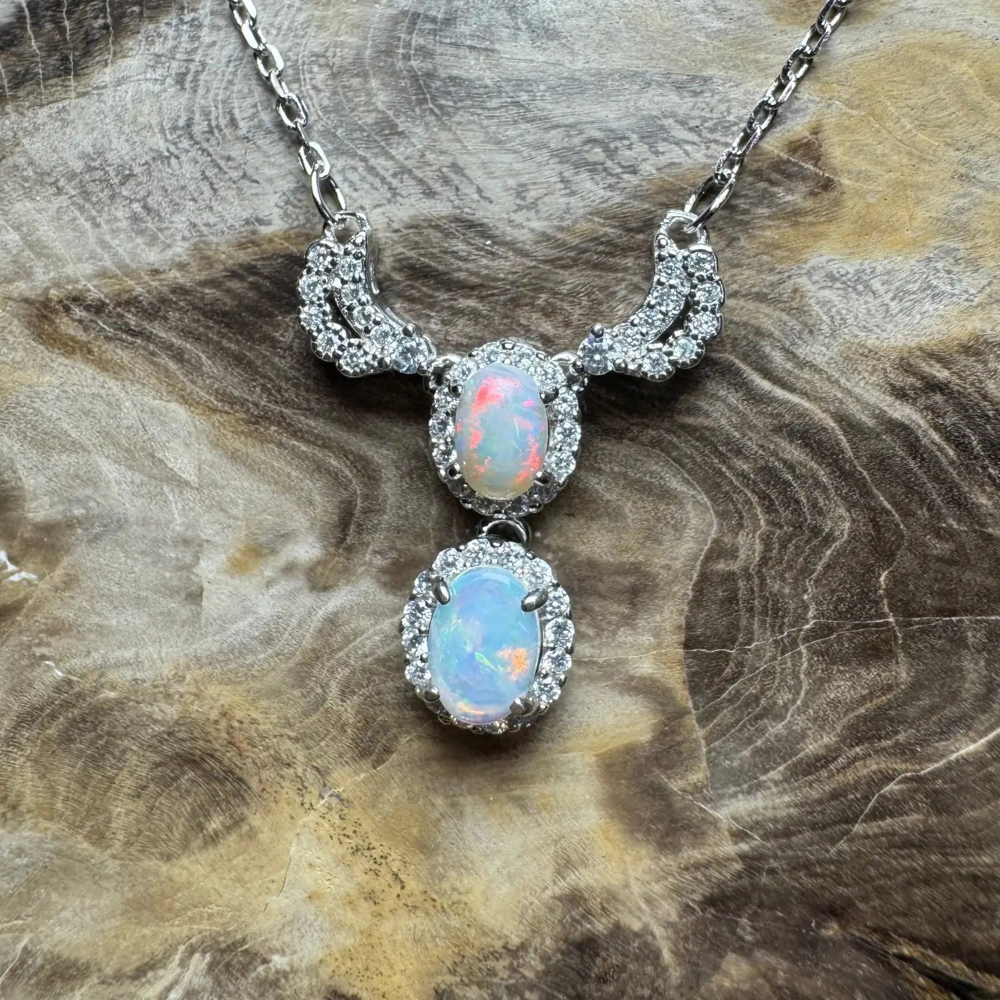 ‘Red Centre Radiance' ~ Handcrafted 0.9ct Solid Coober Pedy Opal and Cubic Zirconia 925 Sterling Silver Necklace