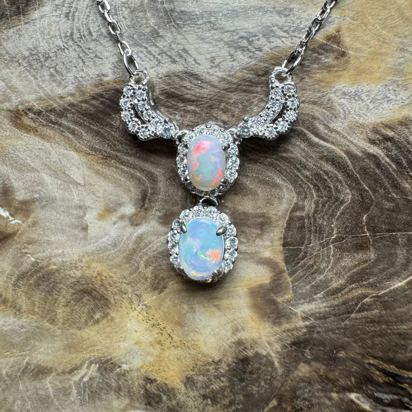 ‘Red Centre Radiance' ~ Handcrafted 0.9ct Solid Coober Pedy Opal and Cubic Zirconia 925 Sterling Silver Necklace