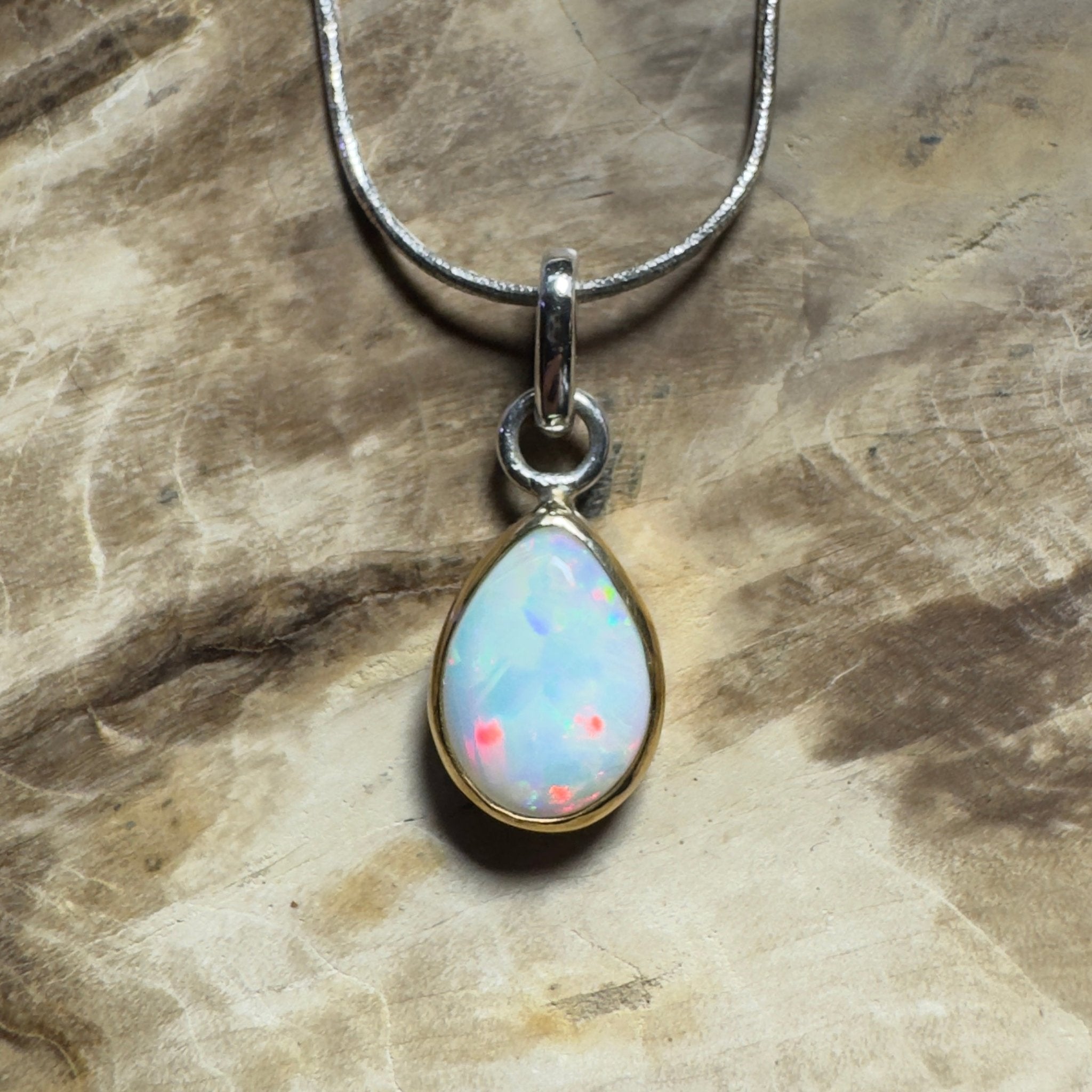 Red Ridge White ~ 2.7ct Solid Lightning Ridge White Opal Two - tone 9ct Gold and 925 Sterling Silver Pendant Necklace
