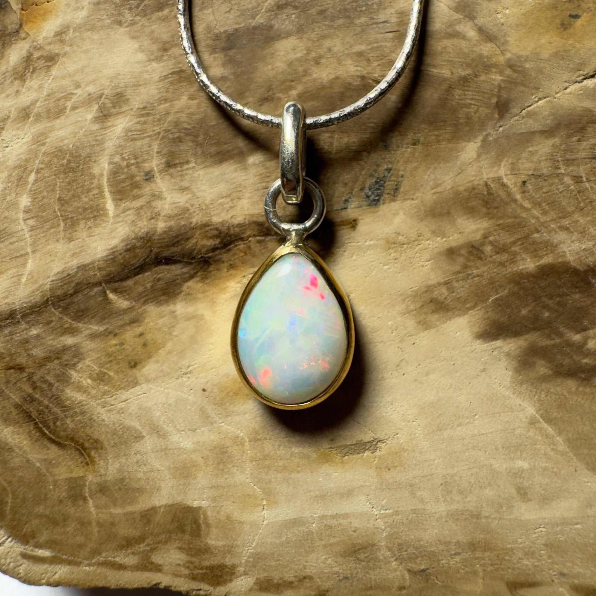 Red Ridge White ~ 2.7ct Solid Lightning Ridge White Opal Two - tone 9ct Gold and 925 Sterling Silver Pendant Necklace