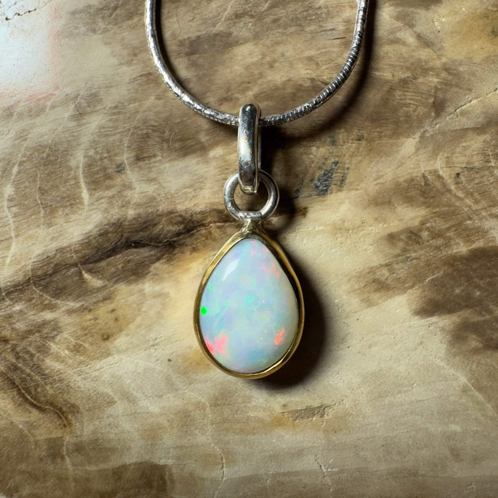 Red Ridge White ~ 2.7ct Solid Lightning Ridge White Opal Two - tone 9ct Gold and 925 Sterling Silver Pendant Necklace