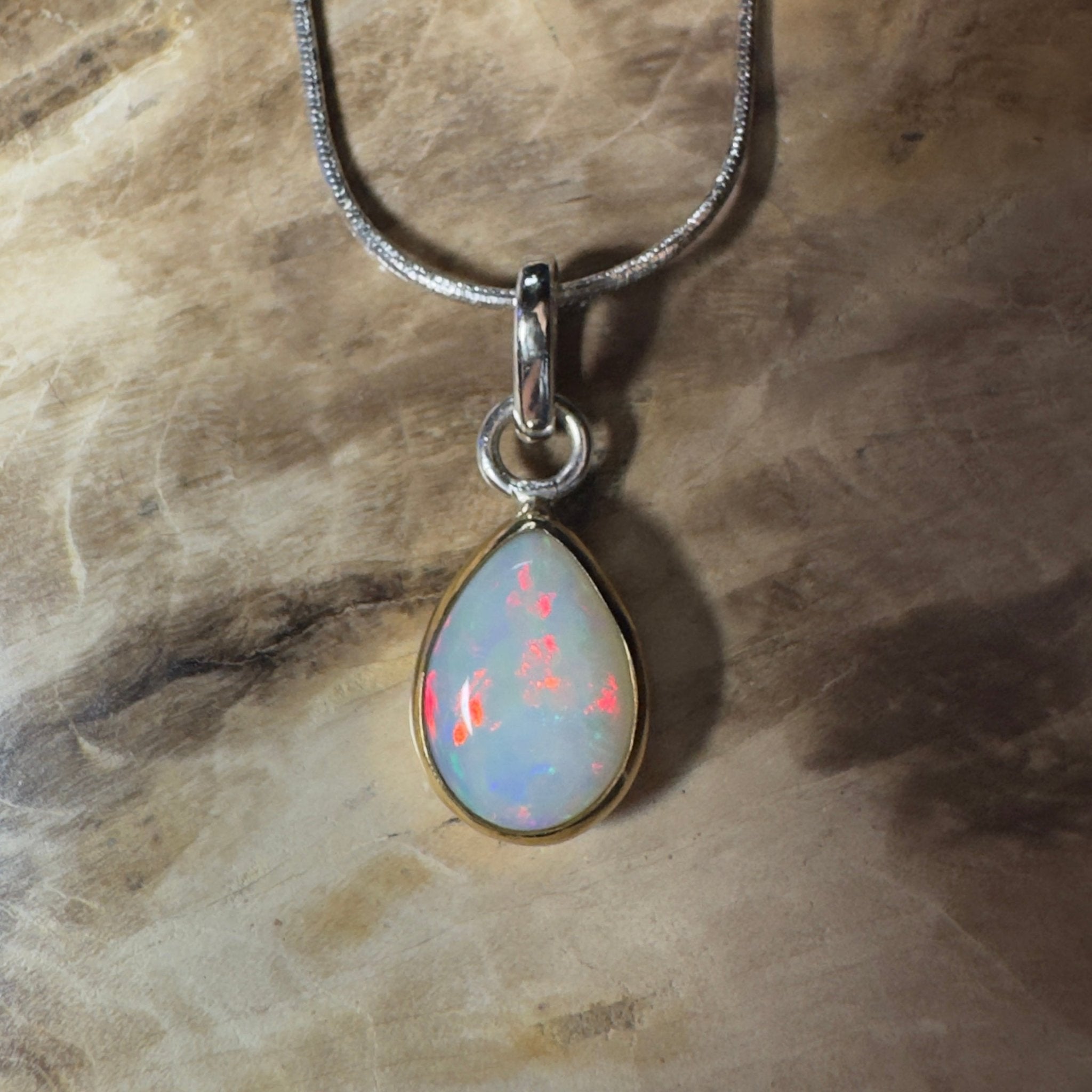 Red Ridge White ~ 2.7ct Solid Lightning Ridge White Opal Two - tone 9ct Gold and 925 Sterling Silver Pendant Necklace