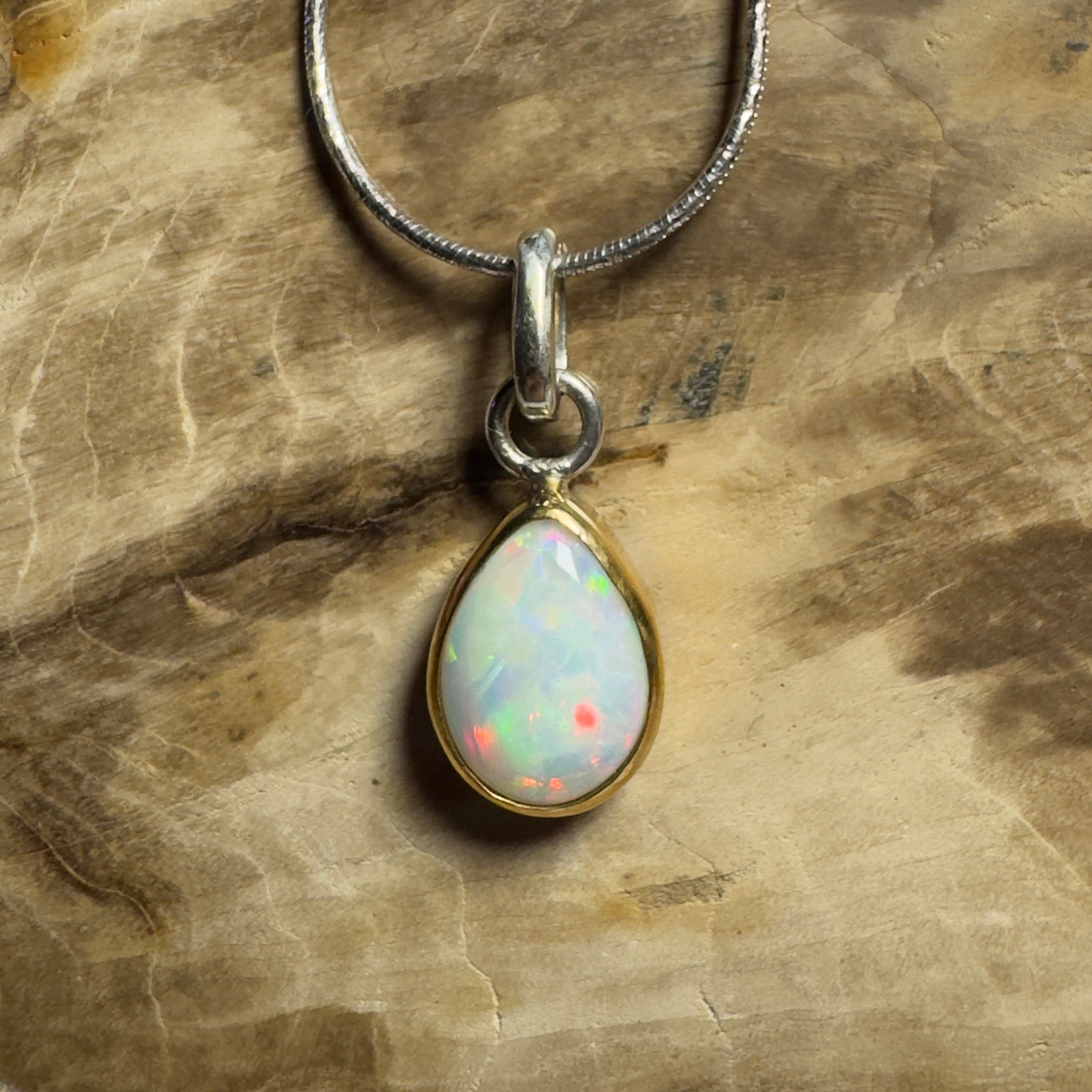 Red Ridge White ~ 2.7ct Solid Lightning Ridge White Opal Two - tone 9ct Gold and 925 Sterling Silver Pendant Necklace