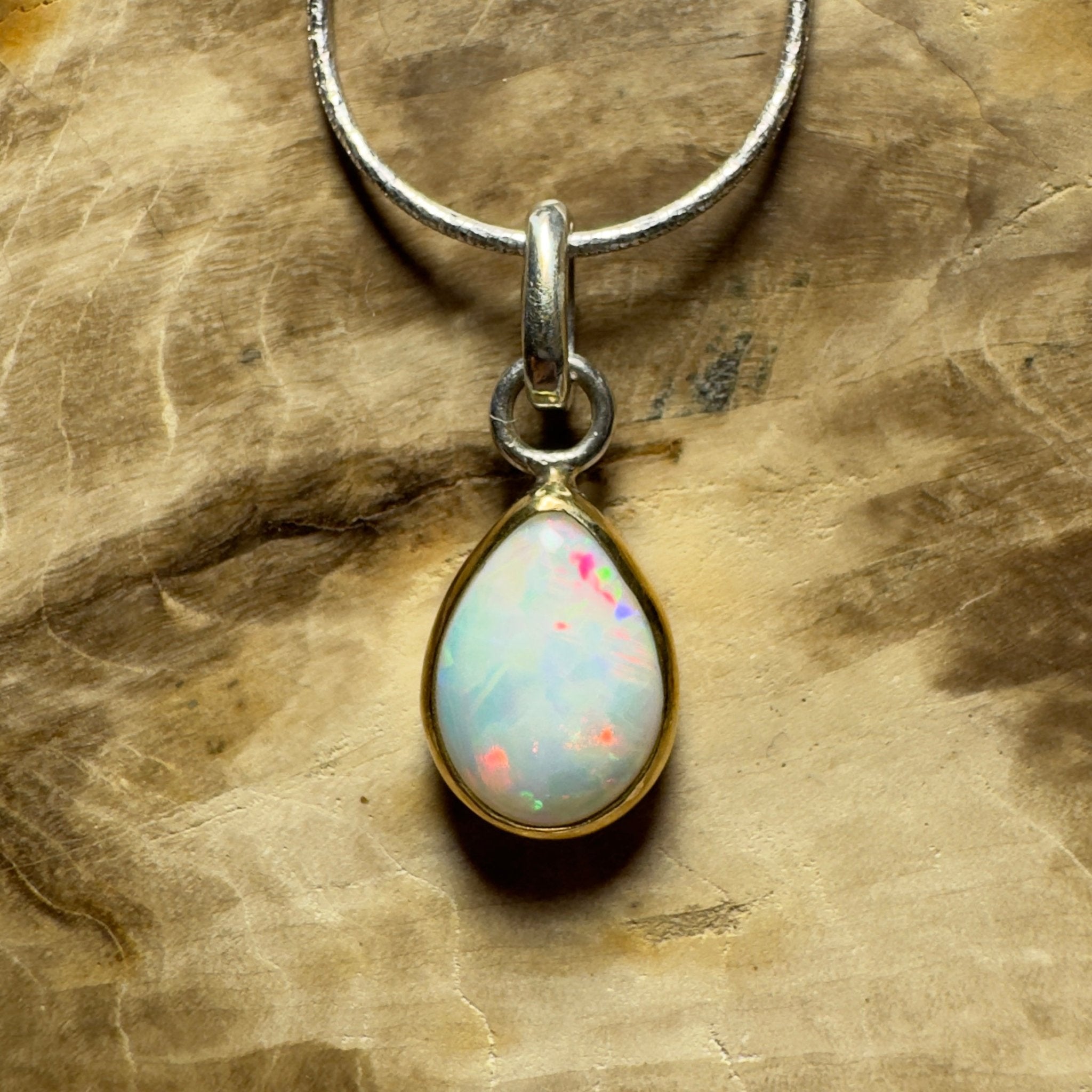 Red Ridge White ~ 2.7ct Solid Lightning Ridge White Opal Two - tone 9ct Gold and 925 Sterling Silver Pendant Necklace