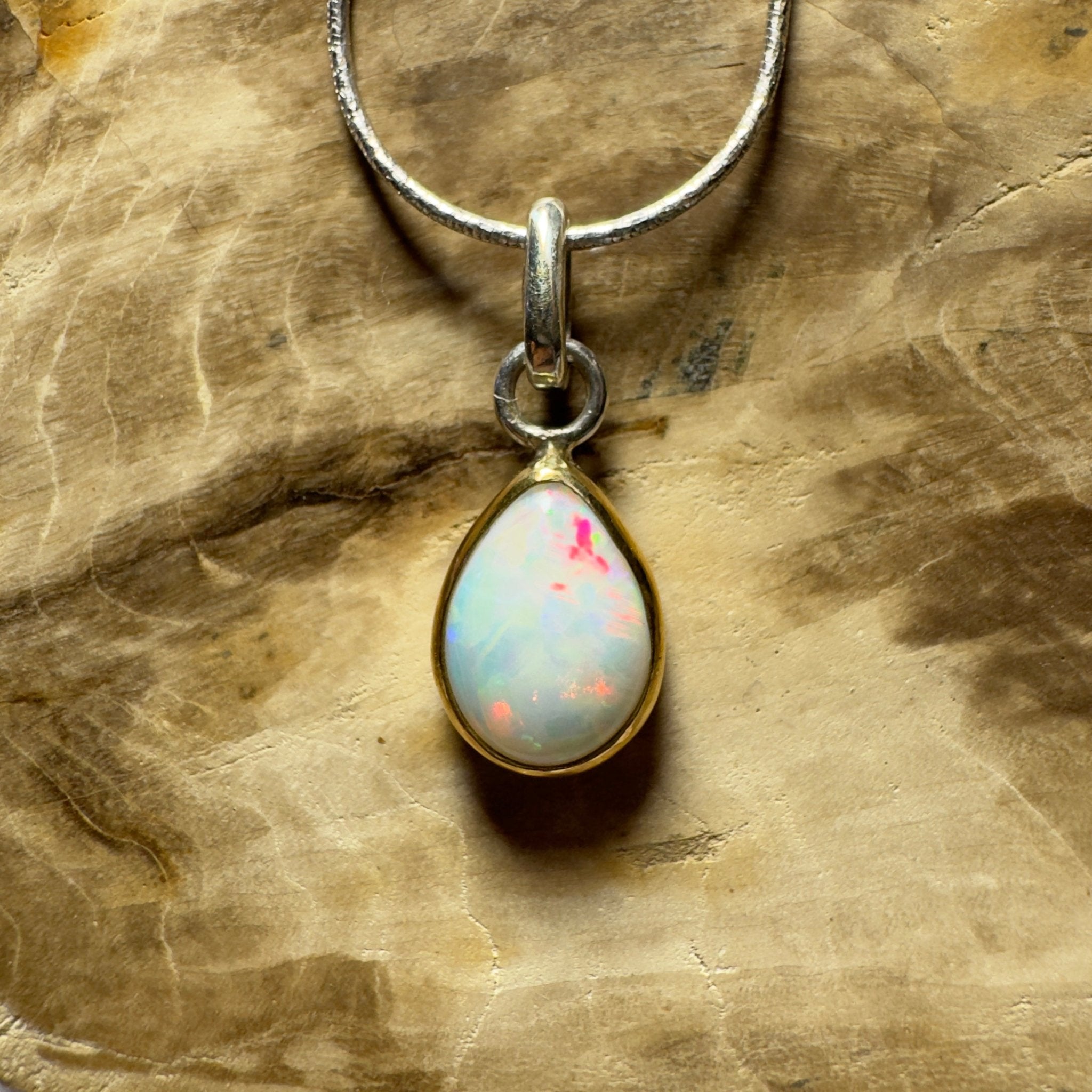 Red Ridge White ~ 2.7ct Solid Lightning Ridge White Opal Two - tone 9ct Gold and 925 Sterling Silver Pendant Necklace