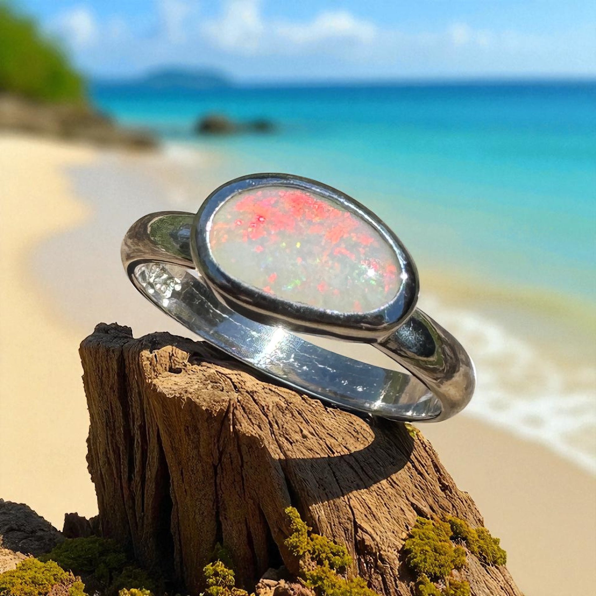 Red Sky Glow ~ 0.9ct Solid Coober Pedy Opal 925 Silver Ring