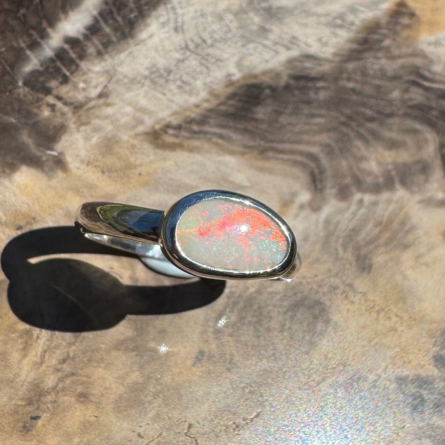 Red Sky Glow ~ 0.9ct Solid Coober Pedy Opal 925 Silver Ring