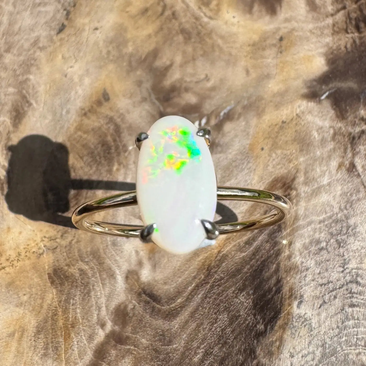 Opal ring with gold band from Rolling Colours of Coober handcrafted 0.9ct Coober Pedy Opal