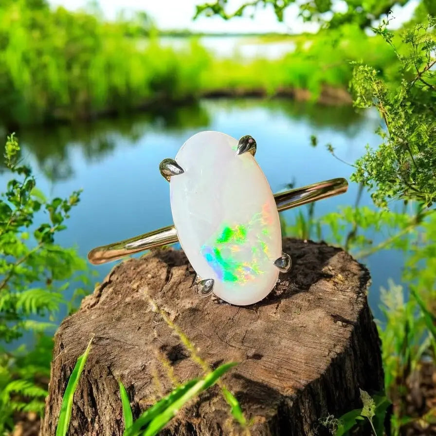 Opal ring with gold band from Rolling Colours of Coober handcrafted Coober Pedy opal jewelry