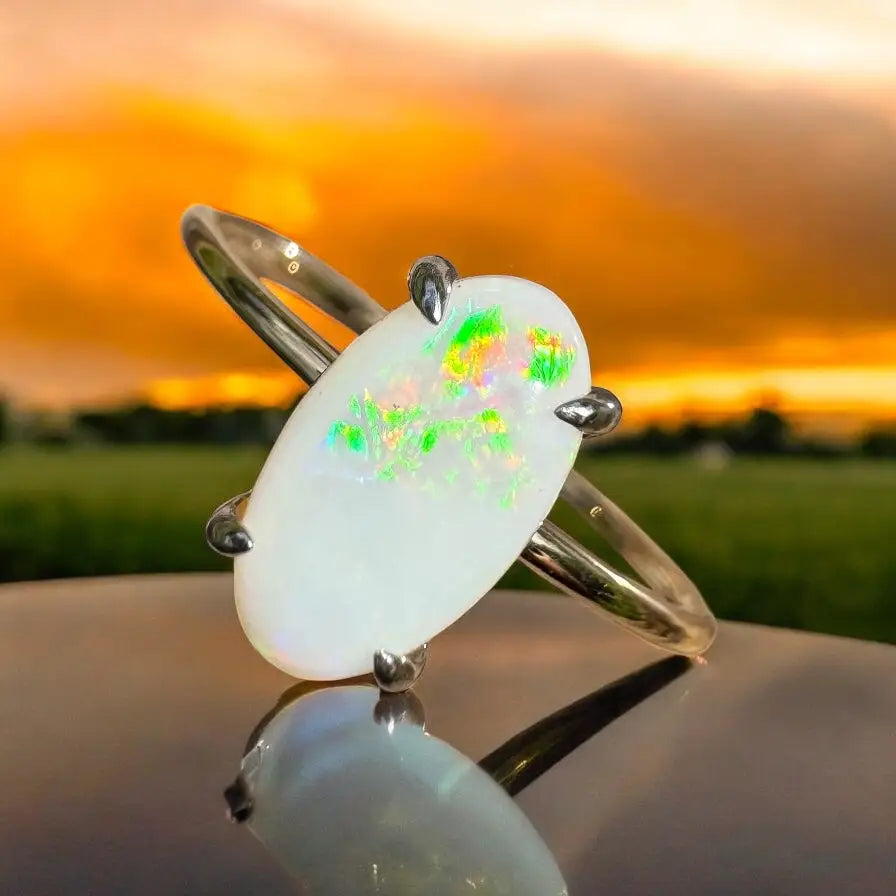 Opal gemstone ring with handcrafted Coober Pedy opal in 9ct yellow gold