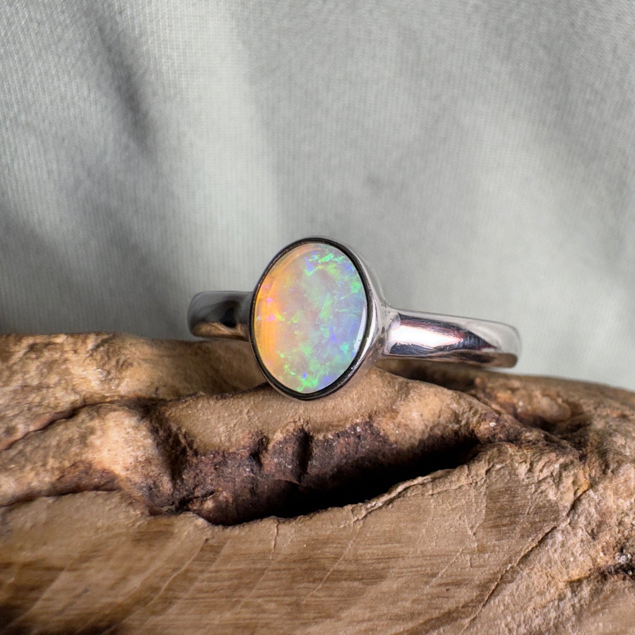 Rottnest Channel Tidal Waters – Solid Lightning Ridge Crystal Opal 925 Sterling Silver Ring