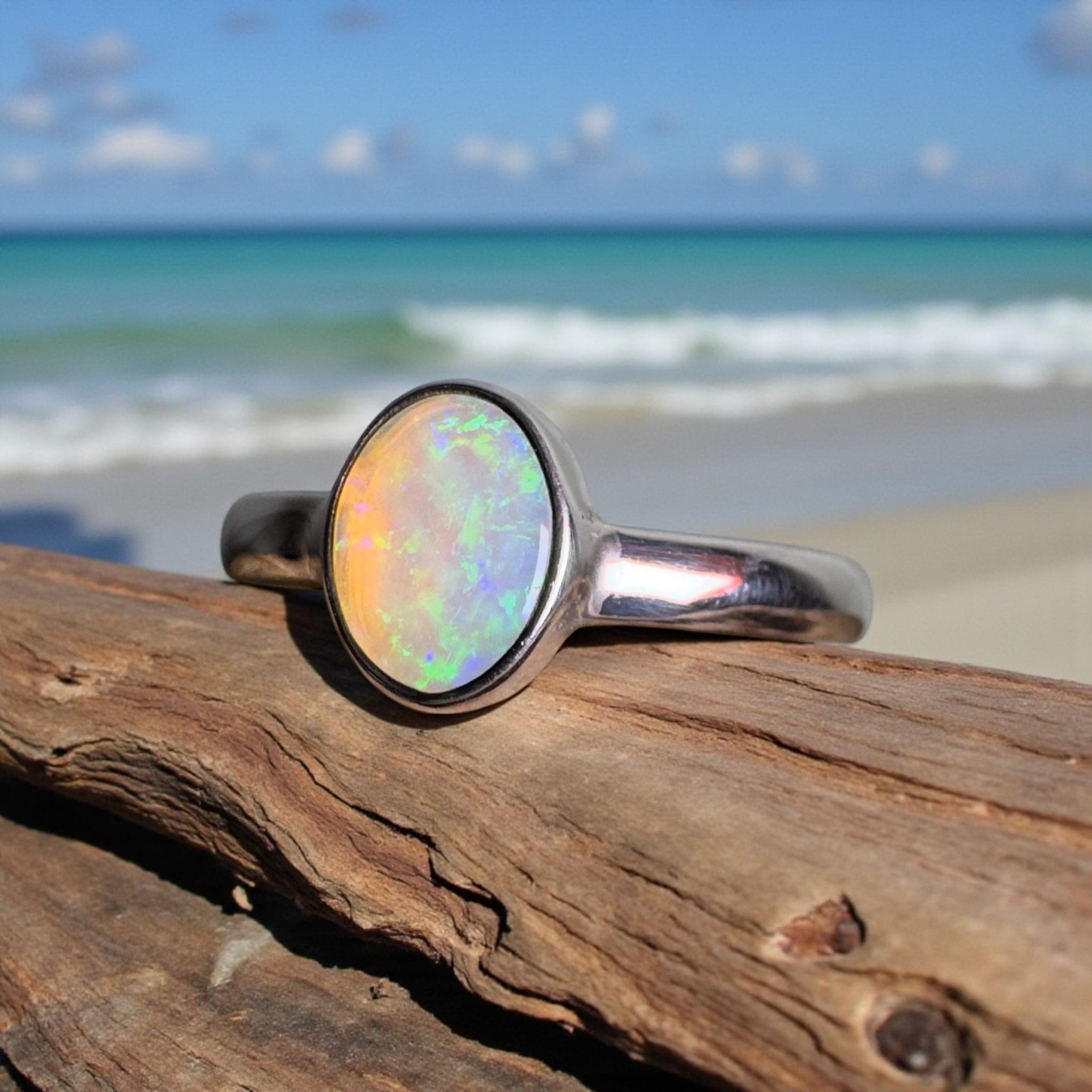 Rottnest Channel Tidal Waters – Solid Lightning Ridge Crystal Opal 925 Sterling Silver Ring
