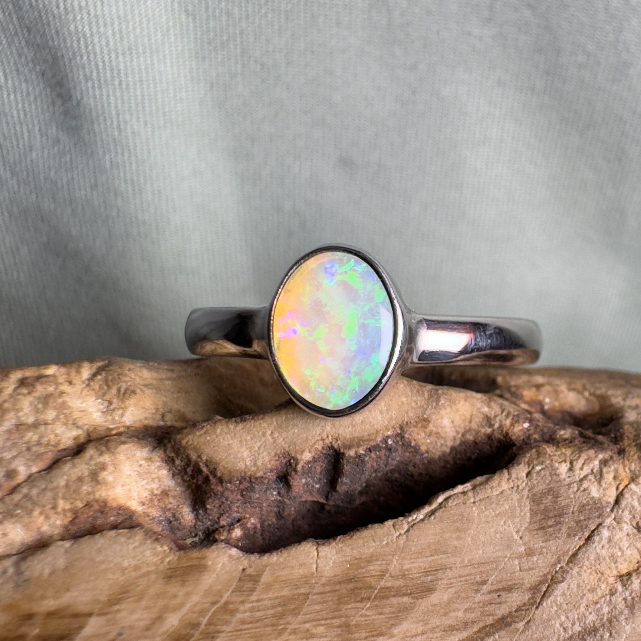 Rottnest Channel Tidal Waters – Solid Lightning Ridge Crystal Opal 925 Sterling Silver Ring