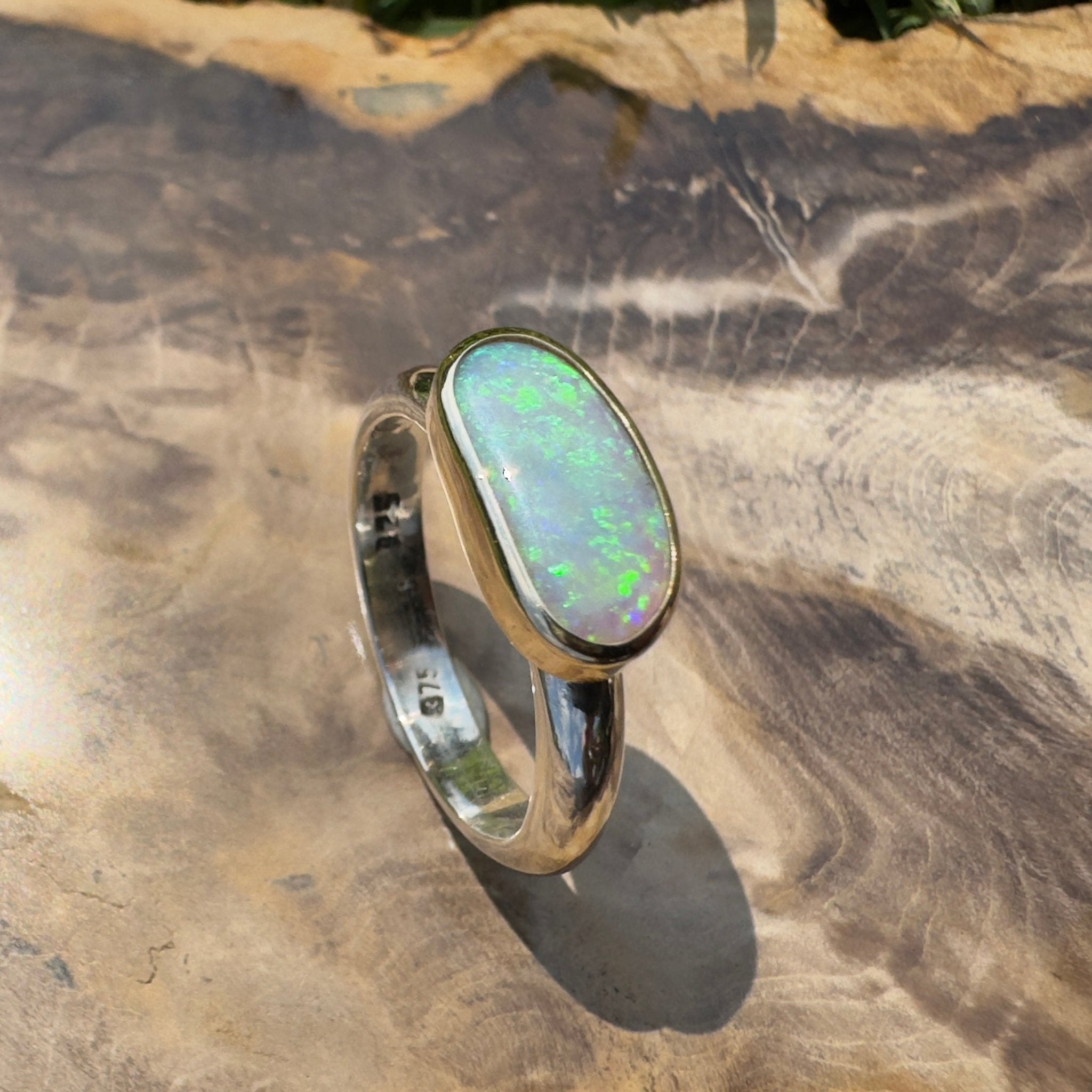 Shellharbour Tide - 1.2ct Solid Lightning Ridge Opal Two - Tone 9ct Gold & 925 Sterling Silver Ring