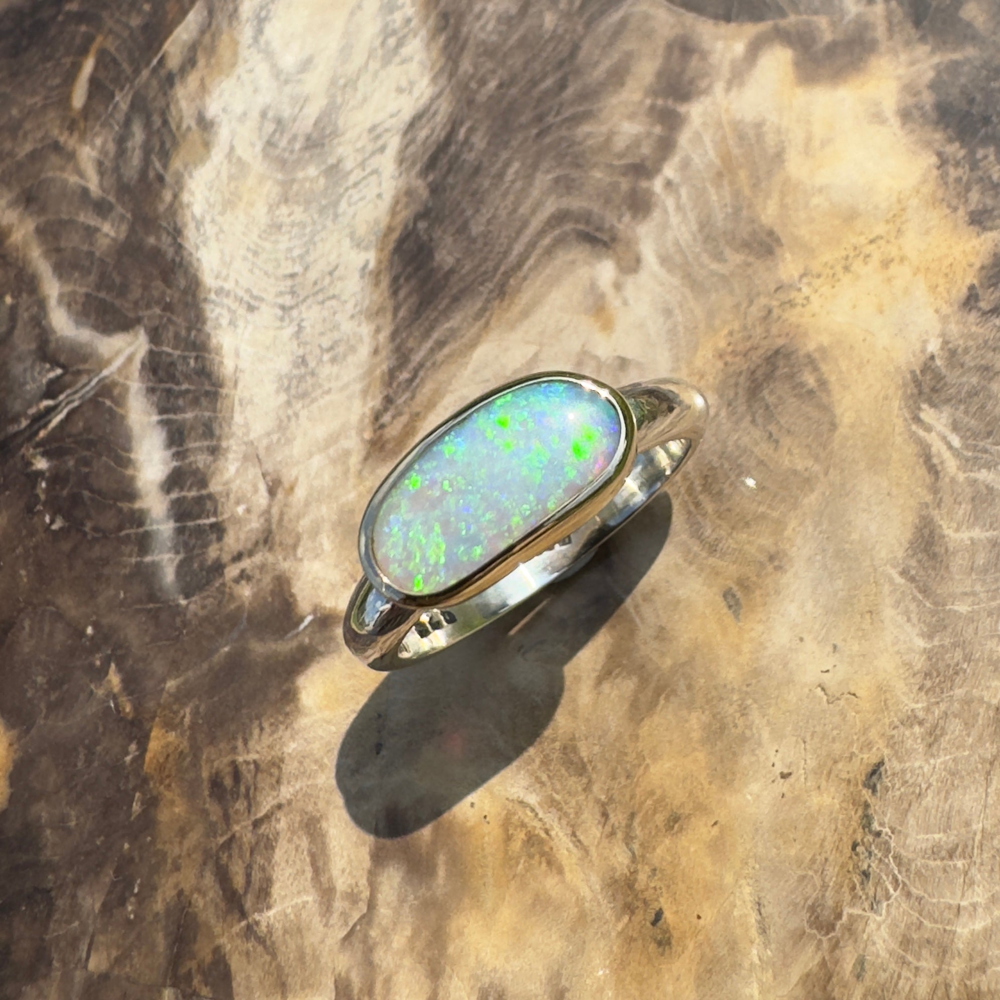 Shellharbour Tide - 1.2ct Solid Lightning Ridge Opal Two - Tone 9ct Gold & 925 Sterling Silver Ring