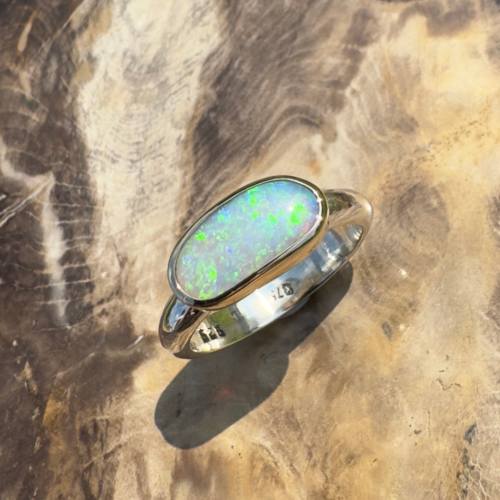 Shellharbour Tide - 1.2ct Solid Lightning Ridge Opal Two - Tone 9ct Gold & 925 Sterling Silver Ring