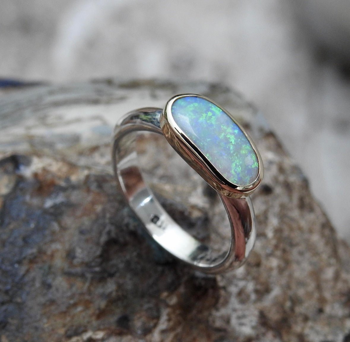 Shellharbour Tide - 1.2ct Solid Lightning Ridge Opal Two - Tone 9ct Gold & 925 Sterling Silver Ring
