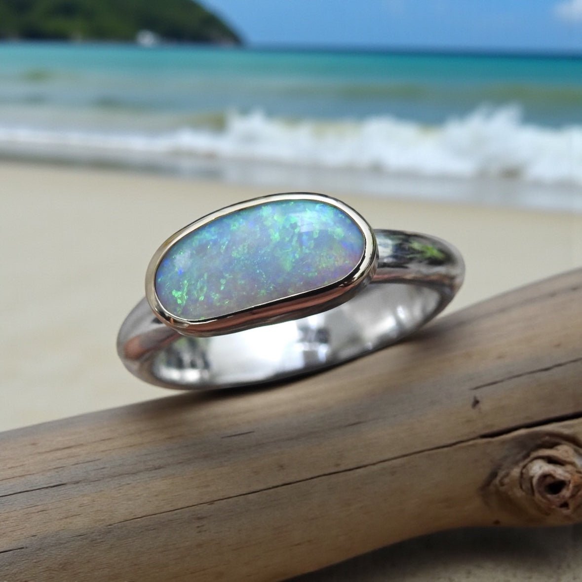 Shellharbour Tide - 1.2ct Solid Lightning Ridge Opal Two - Tone 9ct Gold & 925 Sterling Silver Ring