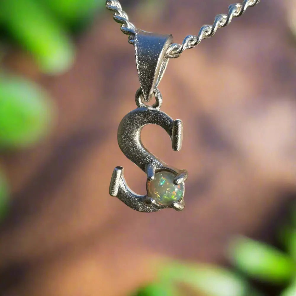Silver S pendant with shimmering lightning ridge opal in handcrafted 925 sterling silver