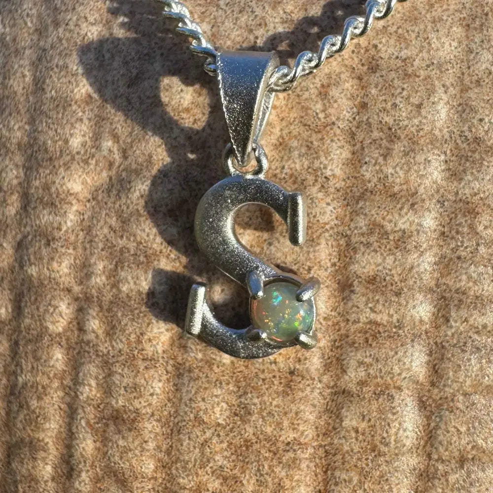 Silver S pendant with 0.2ct Lightning Ridge Opal in handcrafted Sterling Silver
