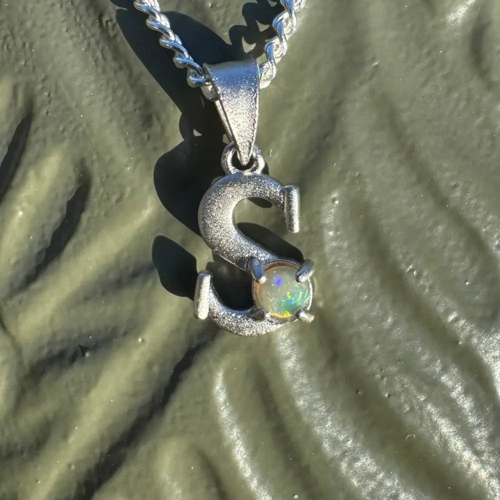 Silver S pendant with a 0.2ct Lightning Ridge Opal in sterling silver for elegant jewelry