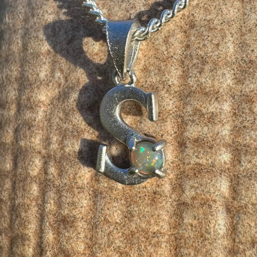 Silver S pendant with 0.2ct Lightning Ridge Opal in handcrafted Sterling Silver Shimmering Serenity collection
