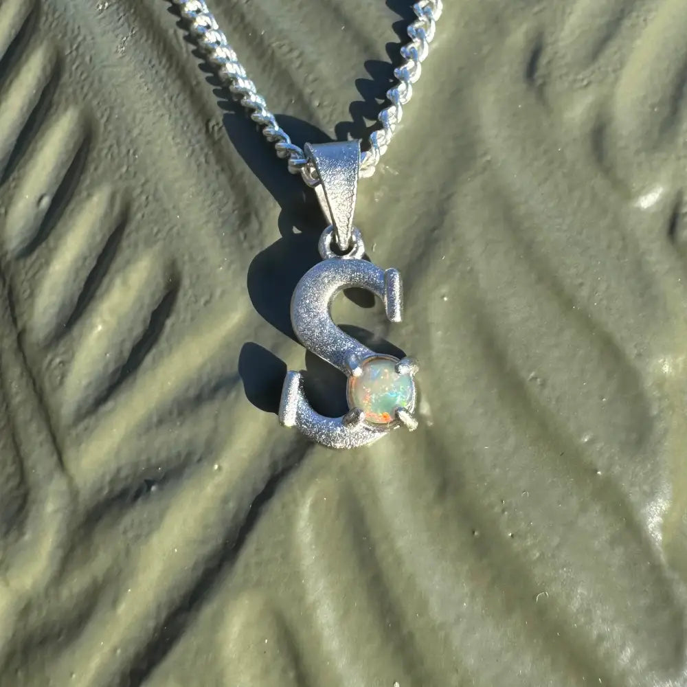 Silver S pendant with 0.2ct Lightning Ridge Opal in handcrafted Sterling Silver for elegance