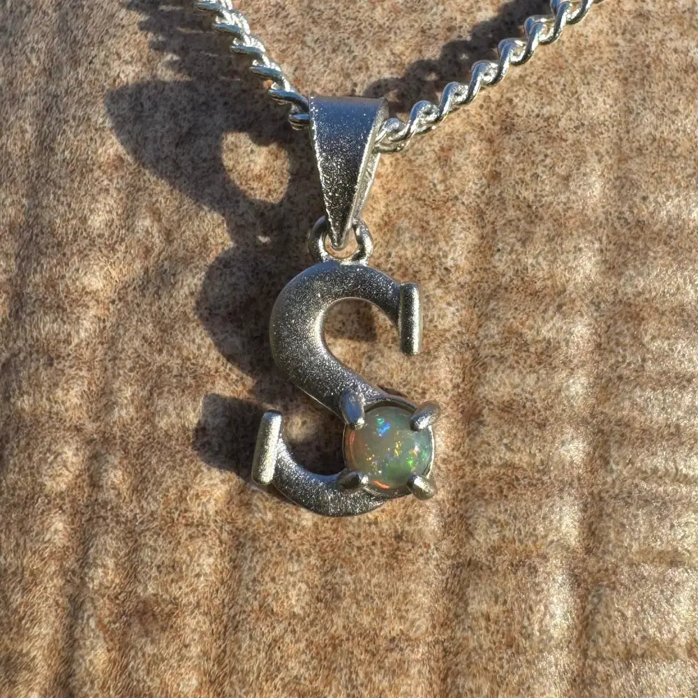 Silver S pendant with 0.2ct Lightning Ridge Opal in handcrafted sterling silver design