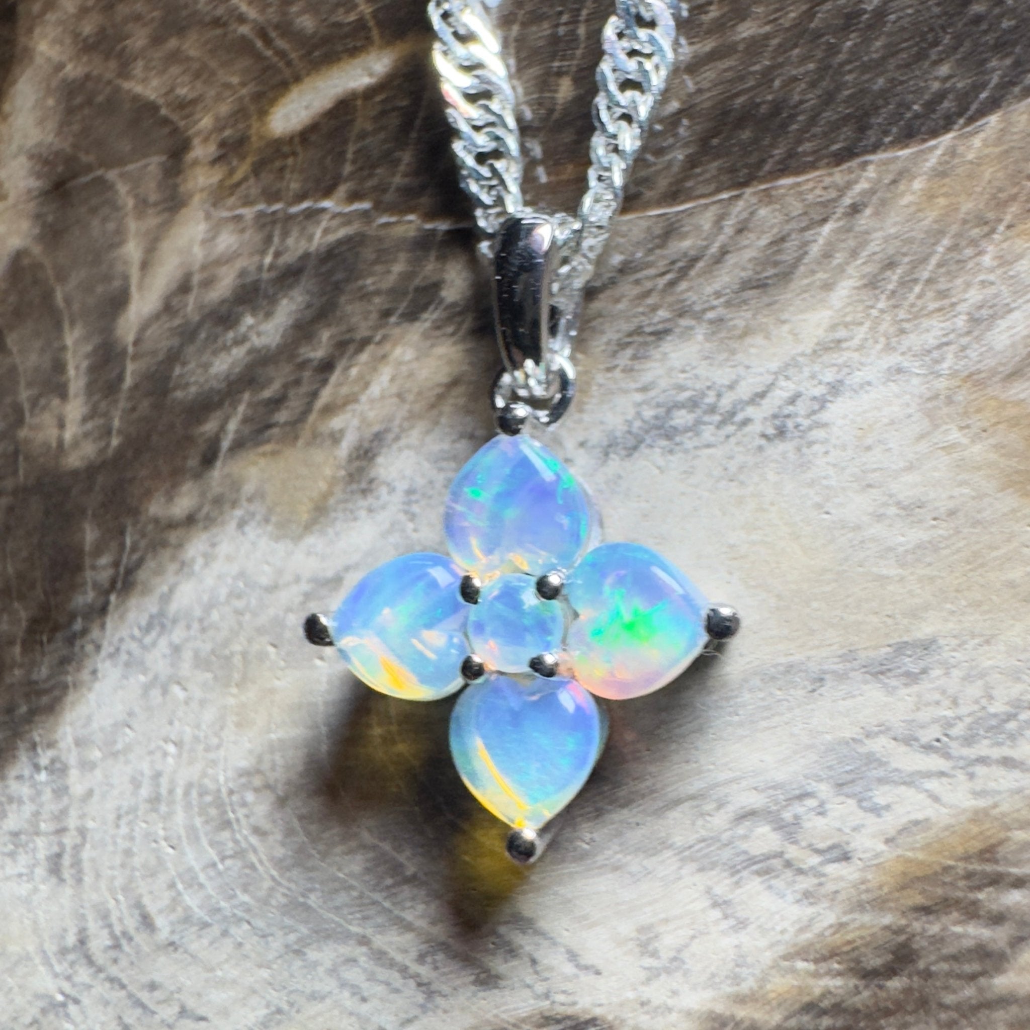 Snowy Bloom ~ 0.4ct Coober Pedy Crystal Opal 9ct White Gold Pendant