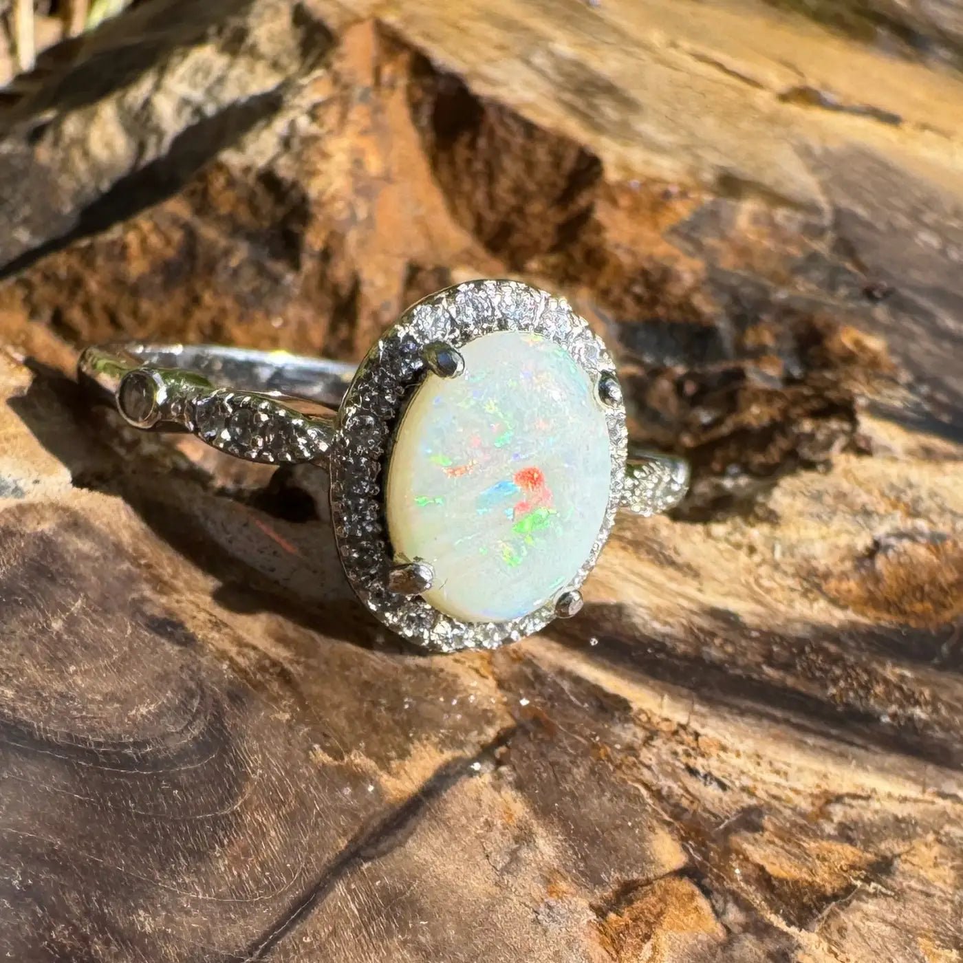 'Snowy Peaks' ~ Handcrafted 1ct Solid Coober Pedy Opal and Cubic Zirconia 925 Sterling Silver Ring