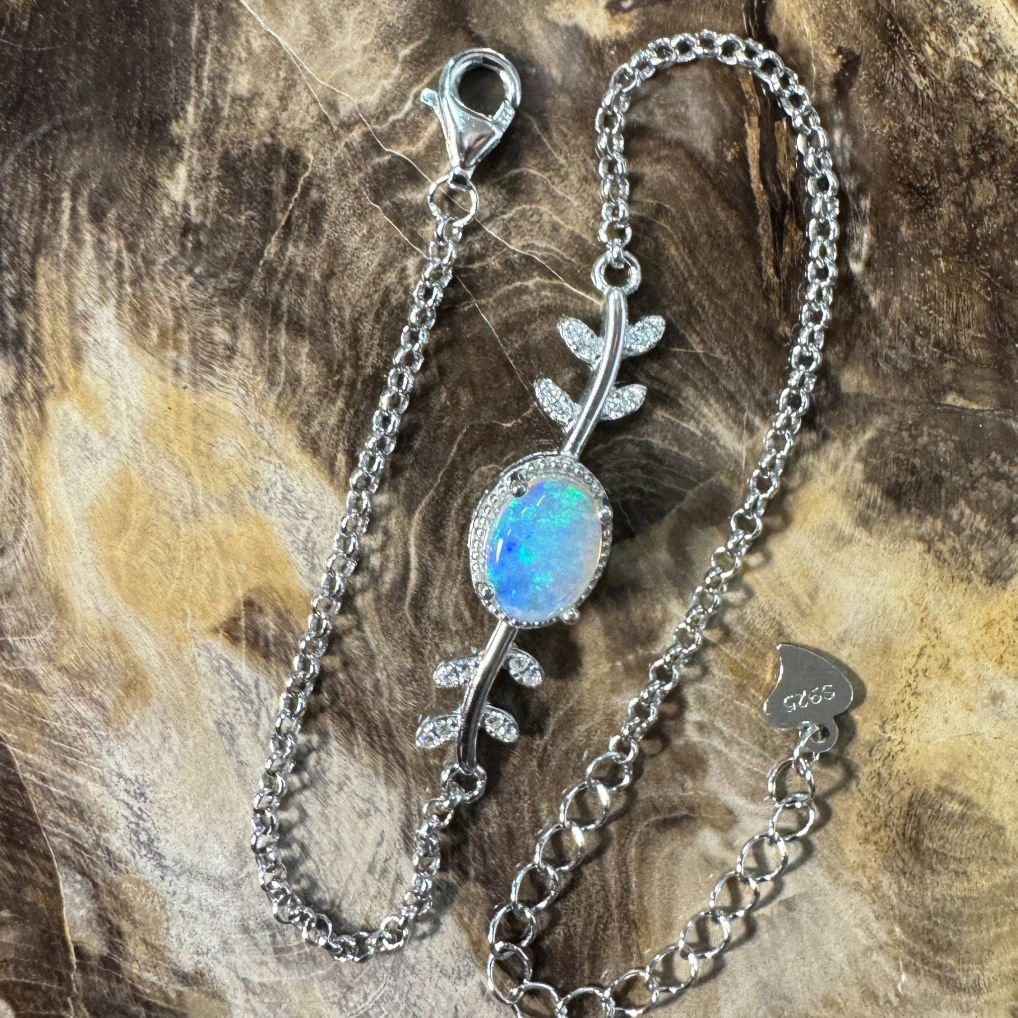 Snowy Range ~ 0.8ct Solid Lightning Ridge Opal and Cubic Zirconia 925 Silver Bracelet
