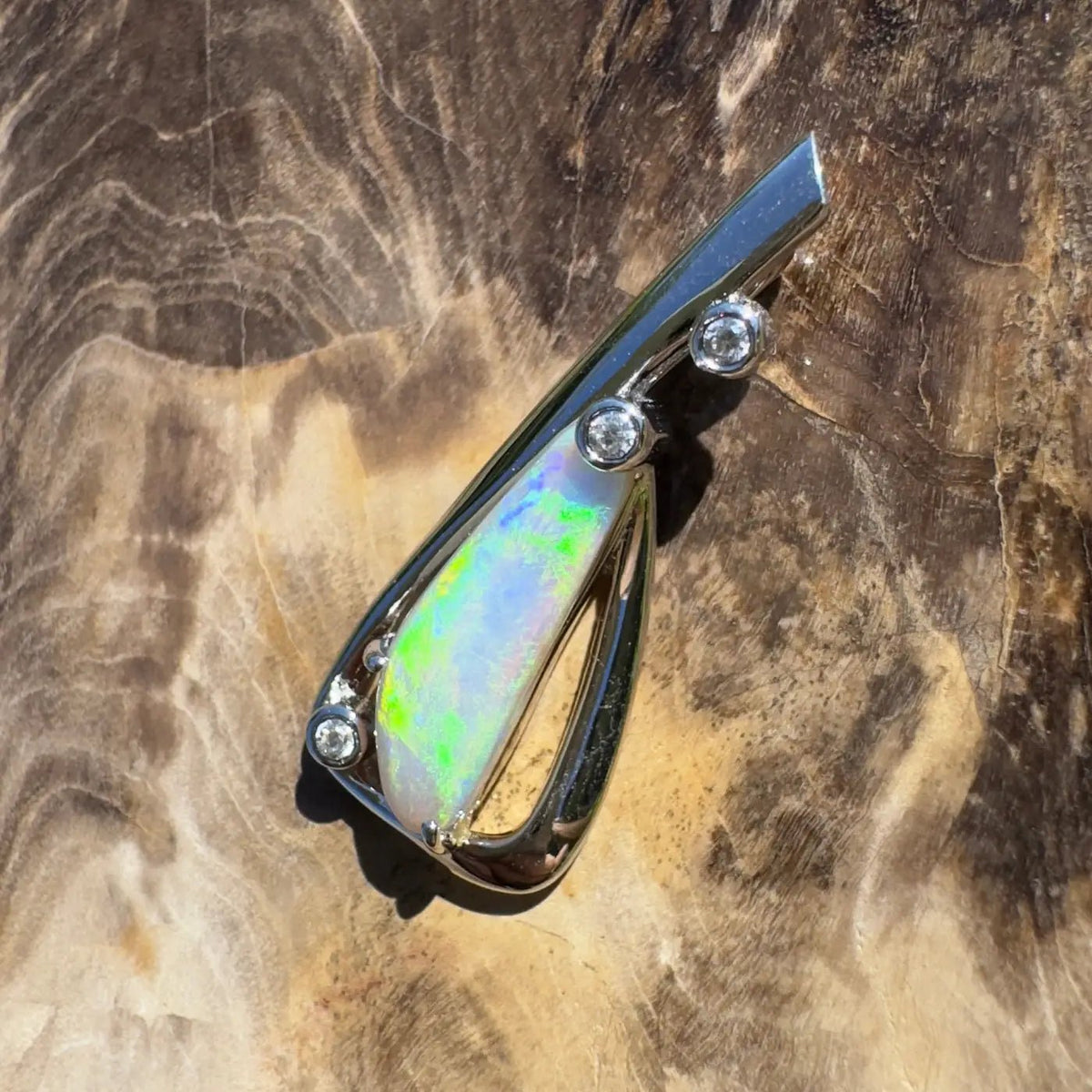‘Snowy River Firelight’ ~ Handcrafted 1.6ct Solid Lightning Ridge Opal and Cubic Zirconia 925 Sterling Silver Pendant Necklace