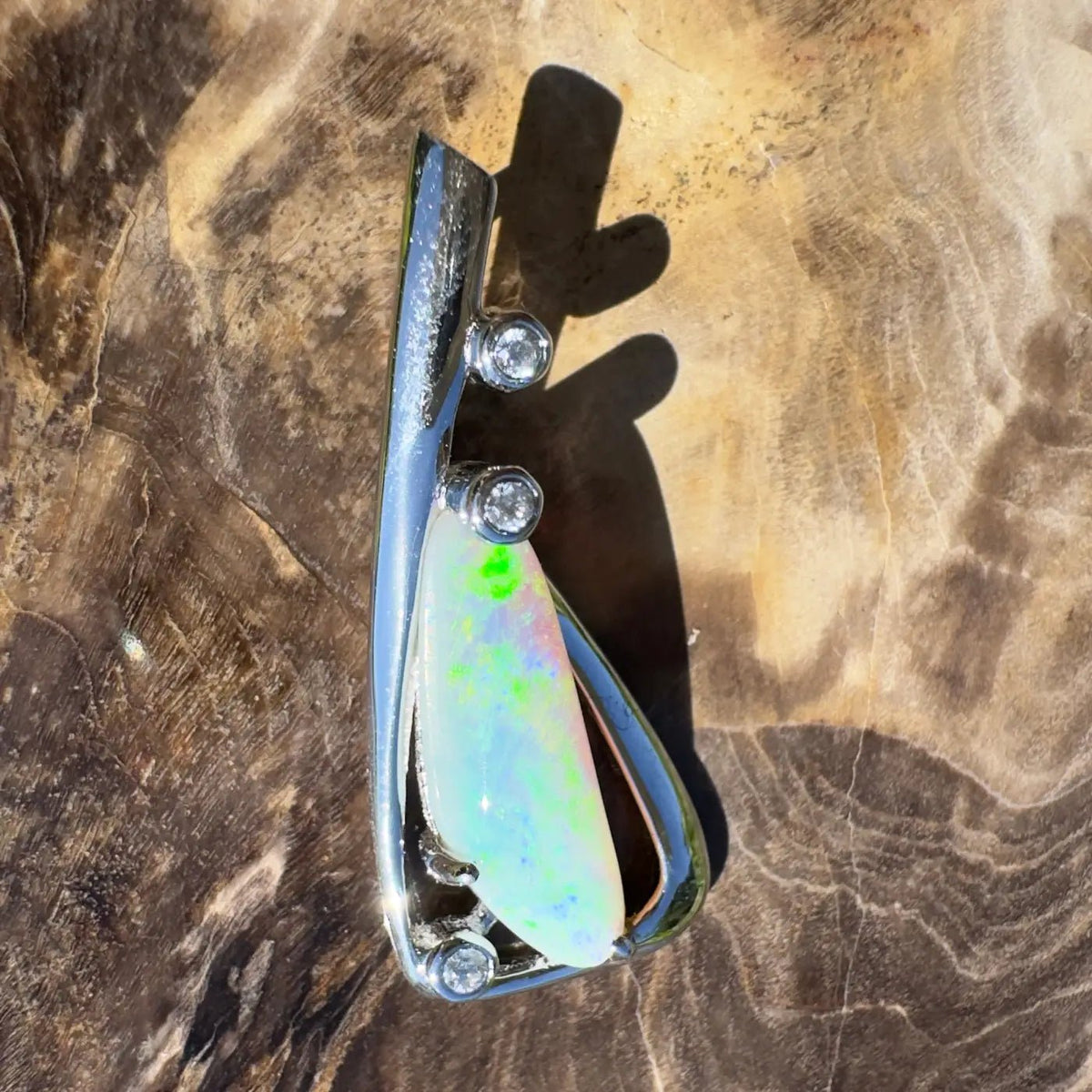 ‘Snowy River Firelight’ ~ Handcrafted 1.6ct Solid Lightning Ridge Opal and Cubic Zirconia 925 Sterling Silver Pendant Necklace