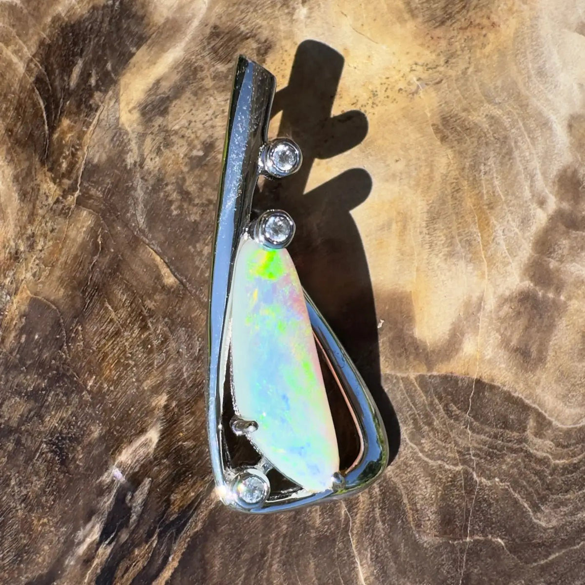 ‘Snowy River Firelight’ ~ Handcrafted 1.6ct Solid Lightning Ridge Opal and Cubic Zirconia 925 Sterling Silver Pendant Necklace