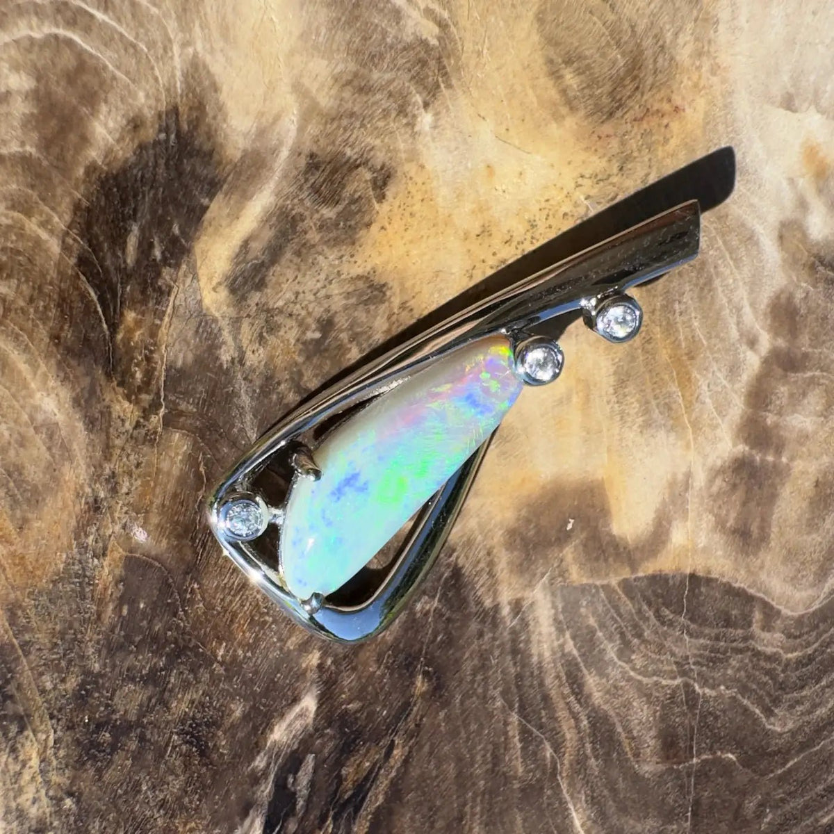 ‘Snowy River Firelight’ ~ Handcrafted 1.6ct Solid Lightning Ridge Opal and Cubic Zirconia 925 Sterling Silver Pendant Necklace