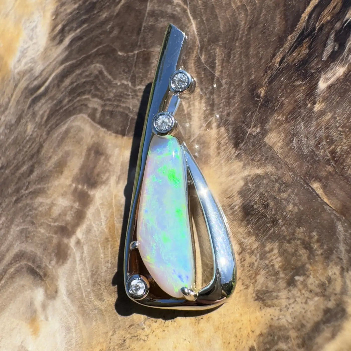 ‘Snowy River Firelight’ ~ Handcrafted 1.6ct Solid Lightning Ridge Opal and Cubic Zirconia 925 Sterling Silver Pendant Necklace