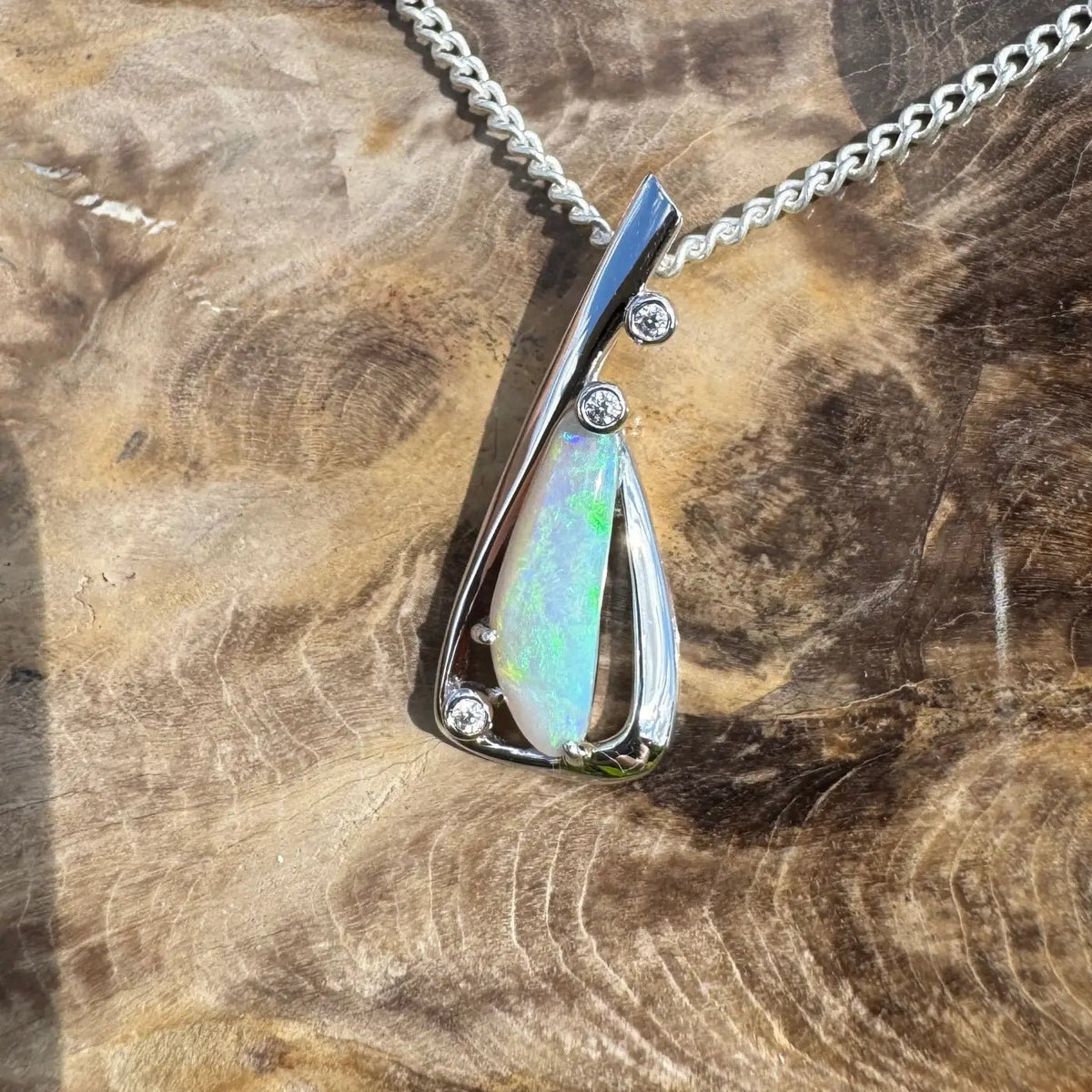 ‘Snowy River Firelight’ ~ Handcrafted 1.6ct Solid Lightning Ridge Opal and Cubic Zirconia 925 Sterling Silver Pendant Necklace