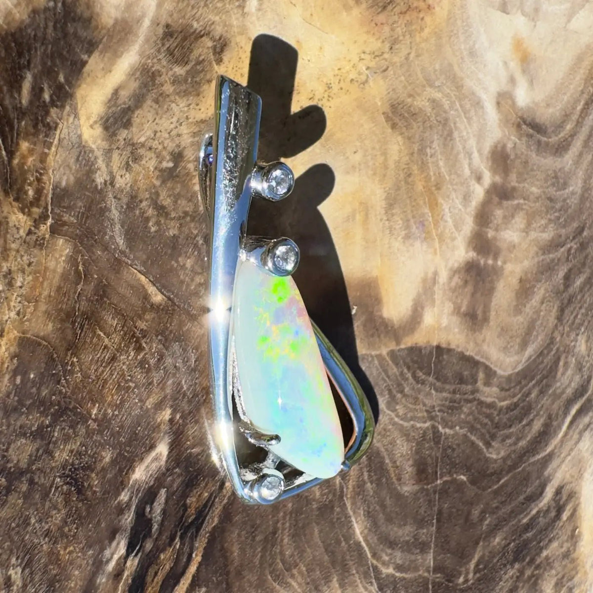 ‘Snowy River Firelight’ ~ Handcrafted 1.6ct Solid Lightning Ridge Opal and Cubic Zirconia 925 Sterling Silver Pendant Necklace
