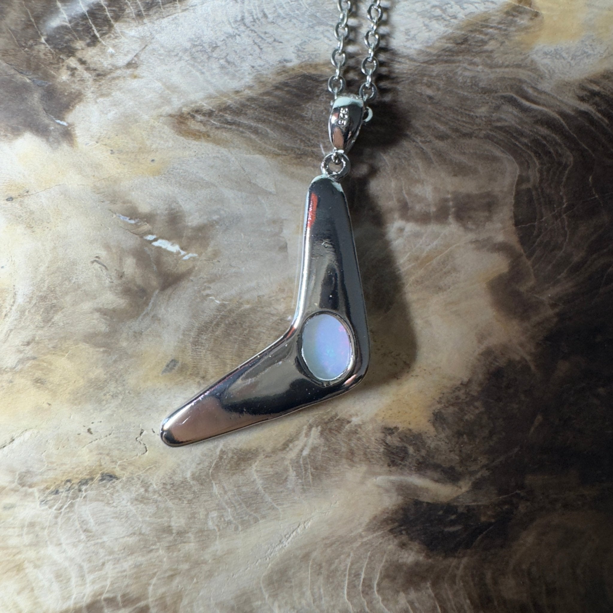 Southern Interior Glow ~ 0.8ct Coober Pedy Opal 925 Silver Boomerang Pendant