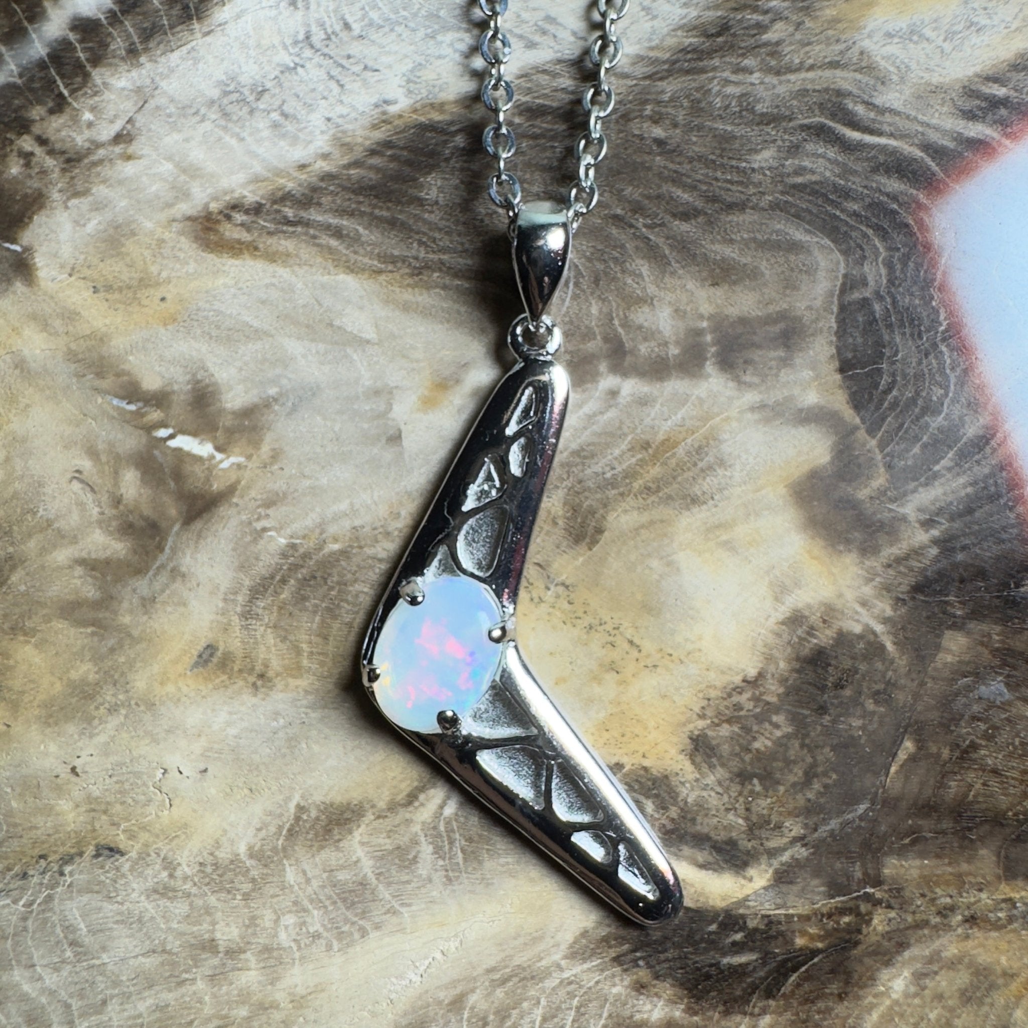 Southern Interior Glow ~ 0.8ct Coober Pedy Opal 925 Silver Boomerang Pendant