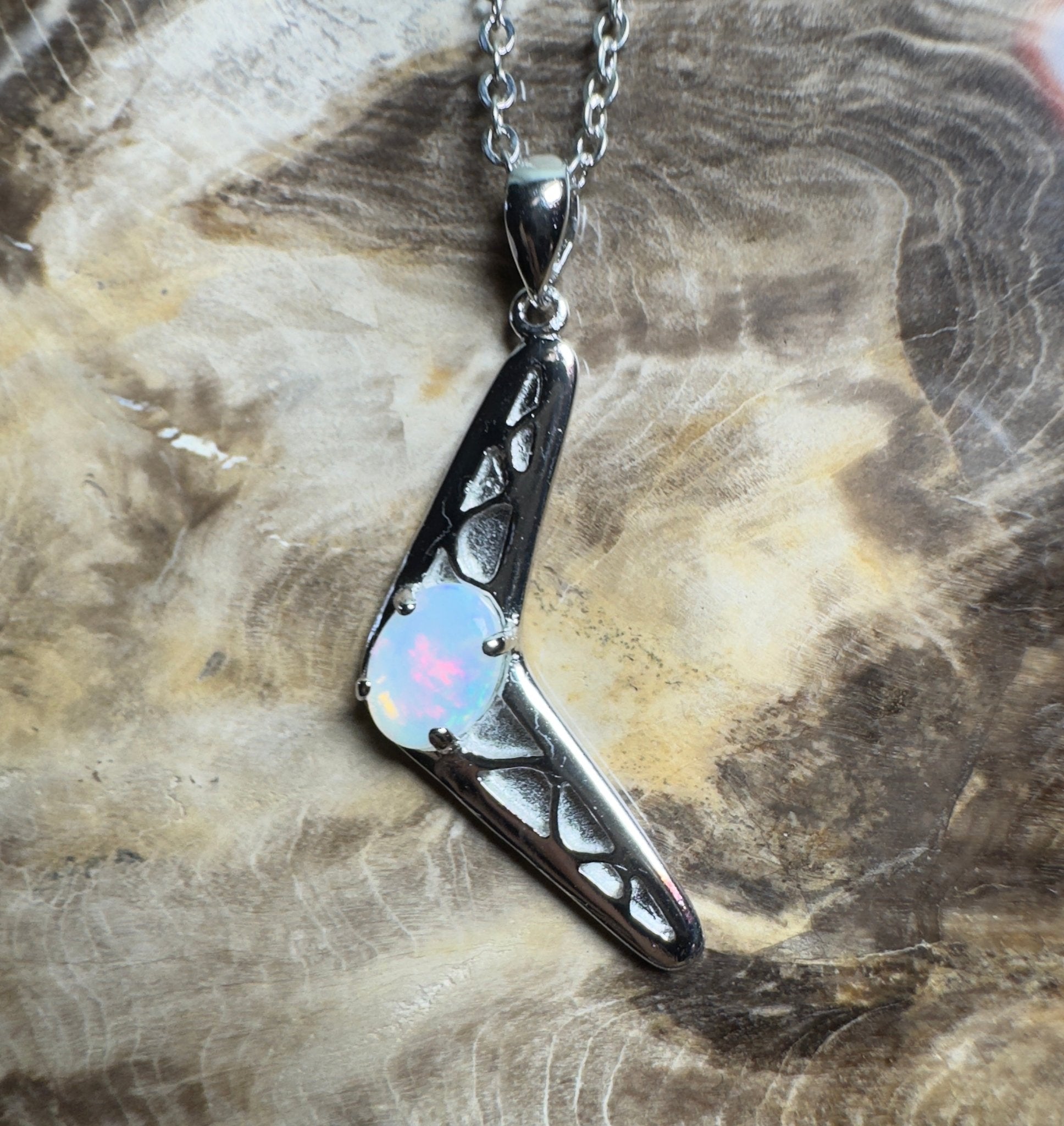Southern Interior Glow ~ 0.8ct Coober Pedy Opal 925 Silver Boomerang Pendant