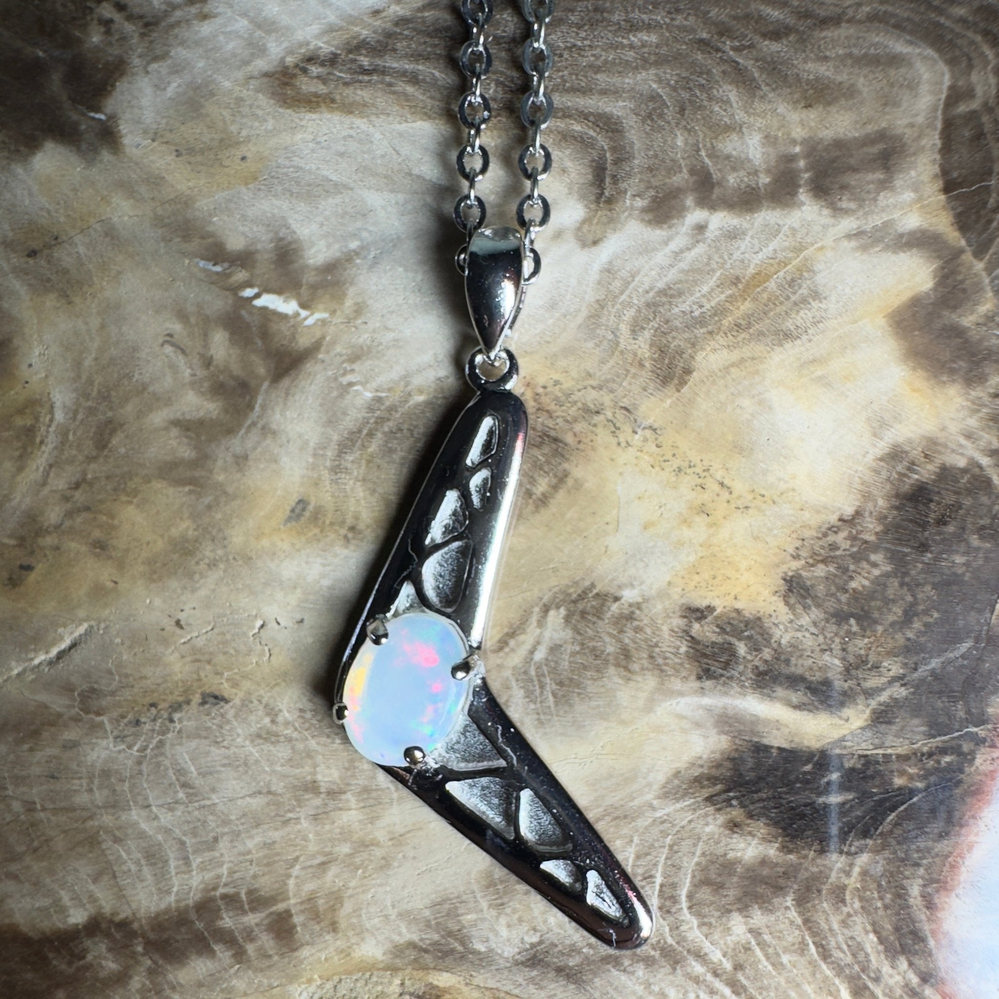 Southern Interior Glow ~ 0.8ct Coober Pedy Opal 925 Silver Boomerang Pendant