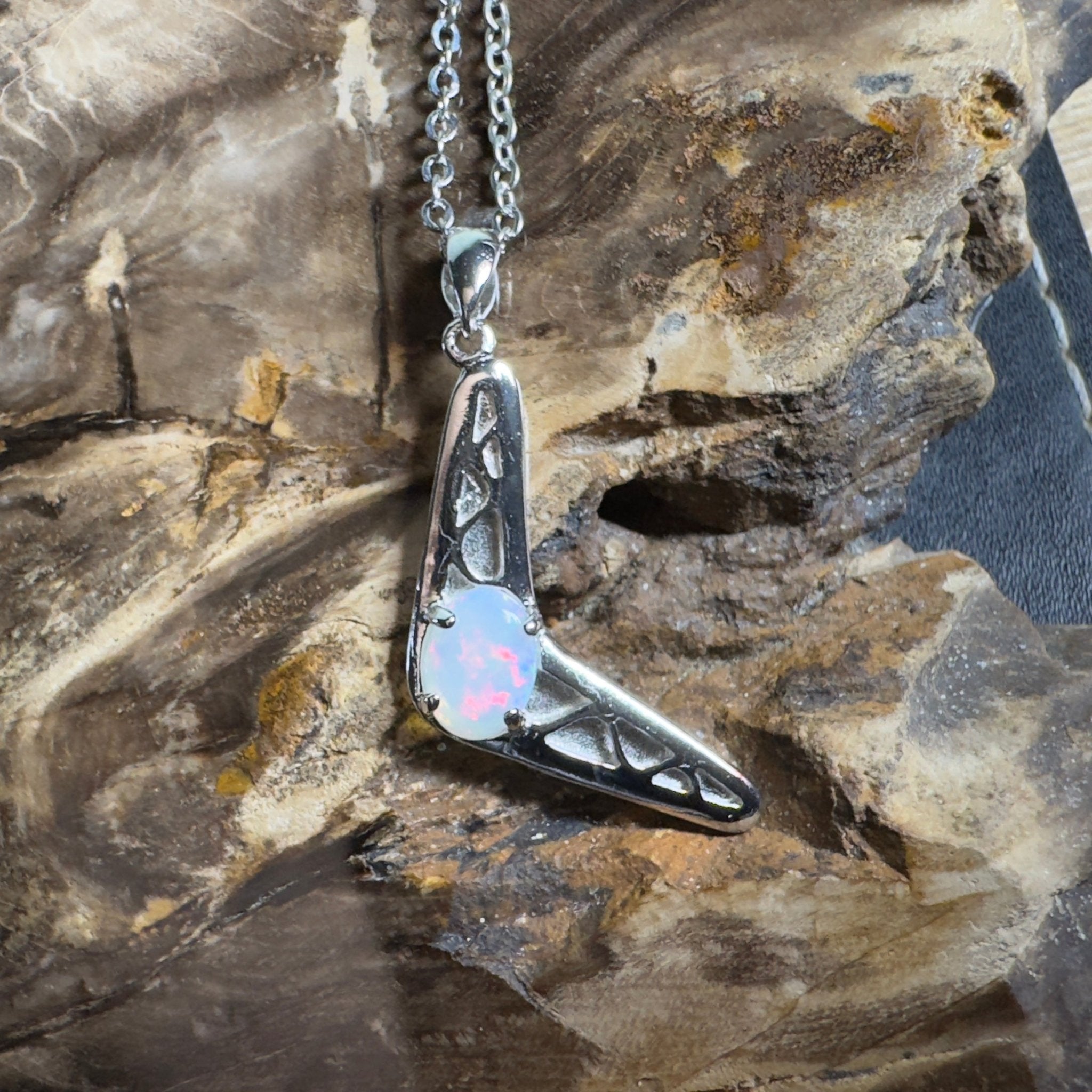 Southern Interior Glow ~ 0.8ct Coober Pedy Opal 925 Silver Boomerang Pendant