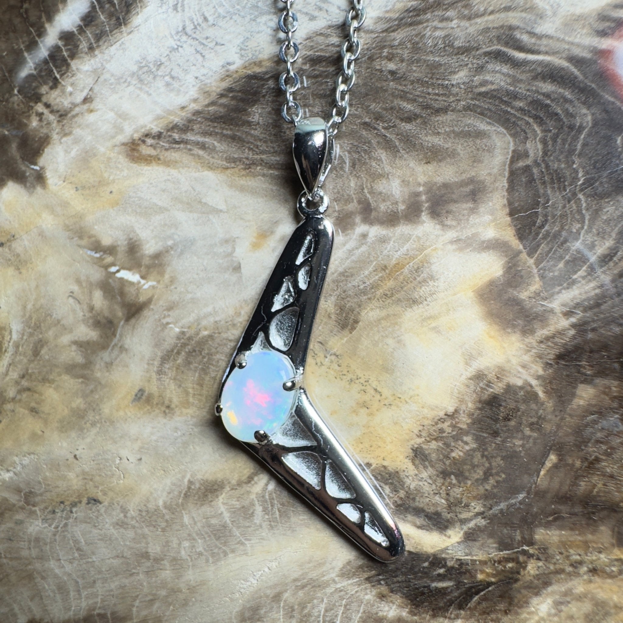 Southern Interior Glow ~ 0.8ct Coober Pedy Opal 925 Silver Boomerang Pendant