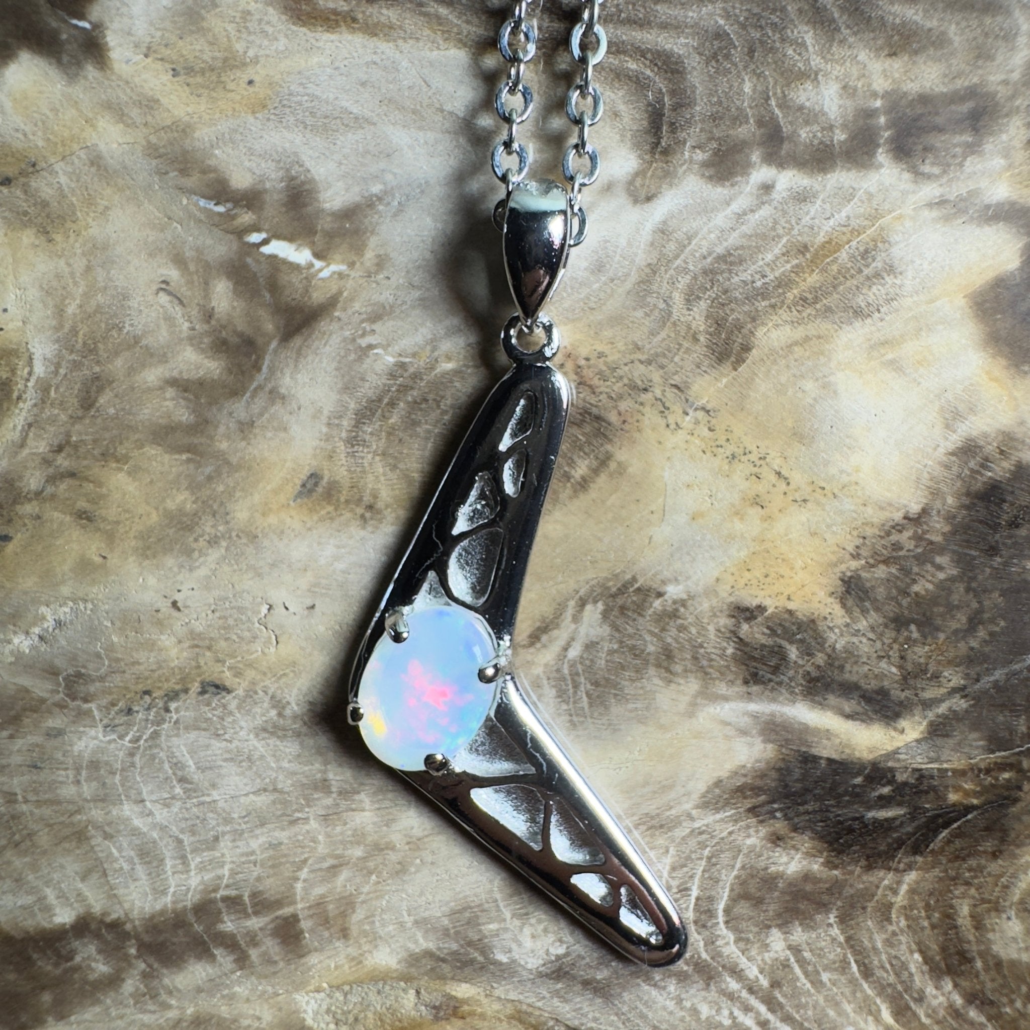 Southern Interior Glow ~ 0.8ct Coober Pedy Opal 925 Silver Boomerang Pendant
